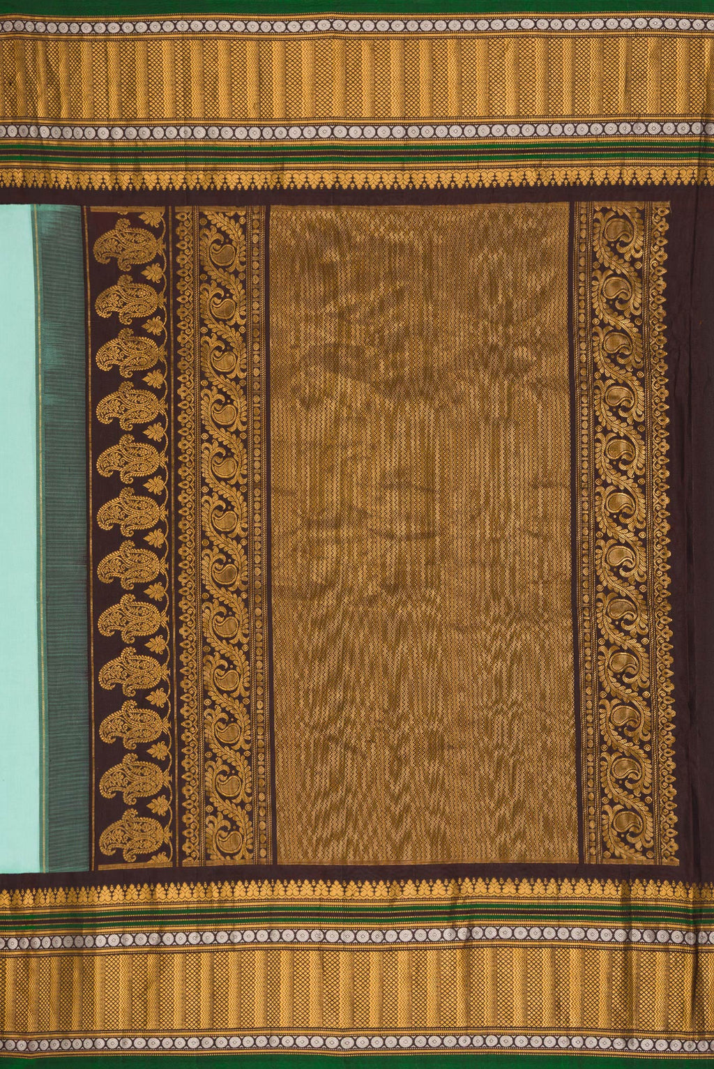 Close up image of the pallu of Sky Blue Dual Tone Gadwal Silk Saree with Zari Butta on the body and Zari Border. 