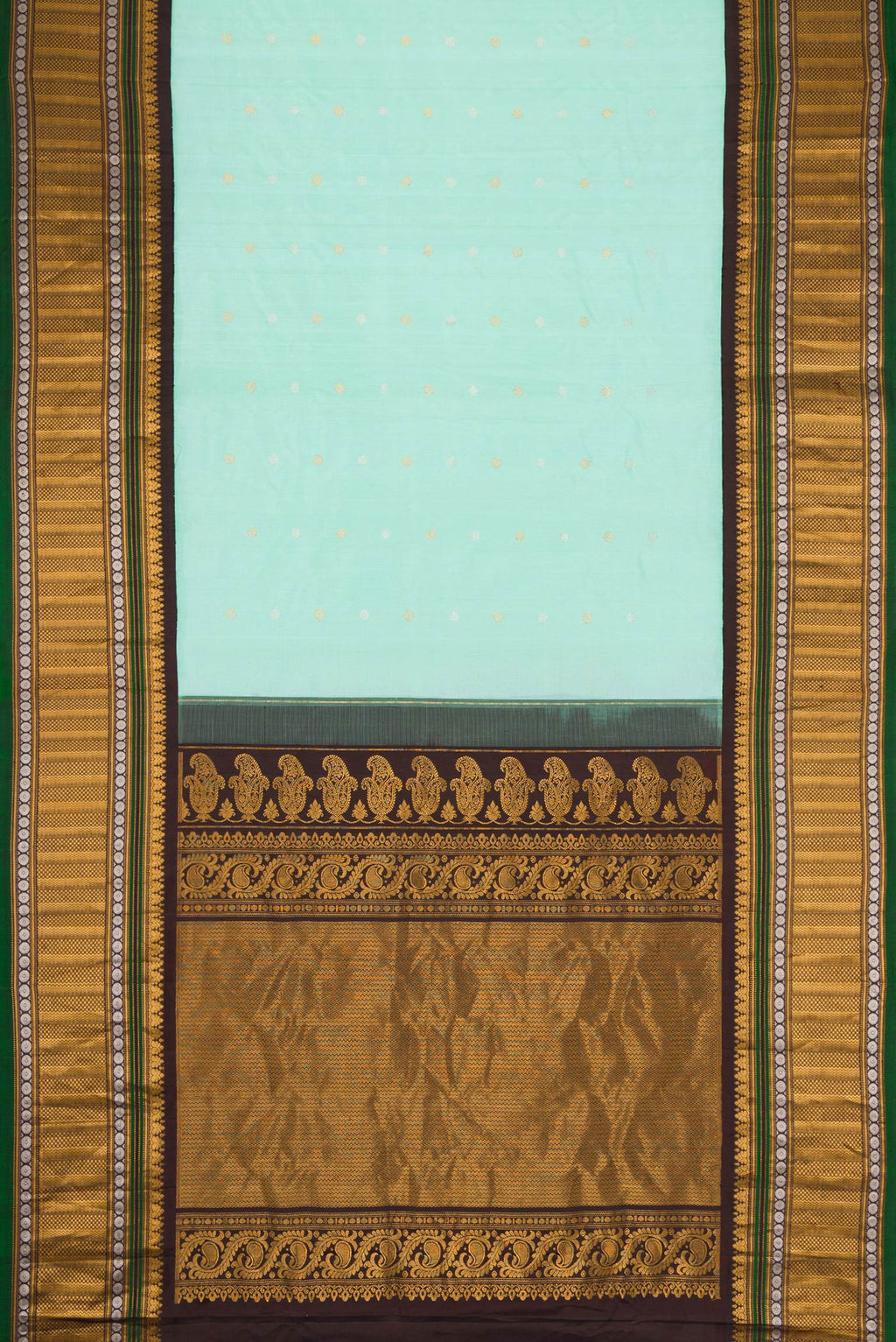 Flat view of Sky Blue Dual Tone Gadwal Silk Saree with Zari Butta on the body and Zari Border. 