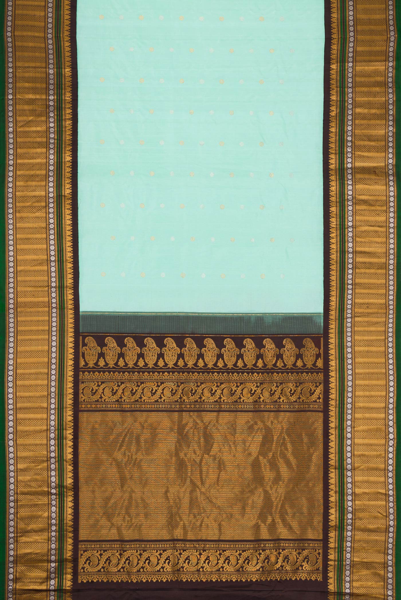Flat view of Sky Blue Dual Tone Gadwal Silk Saree with Zari Butta on the body and Zari Border. 