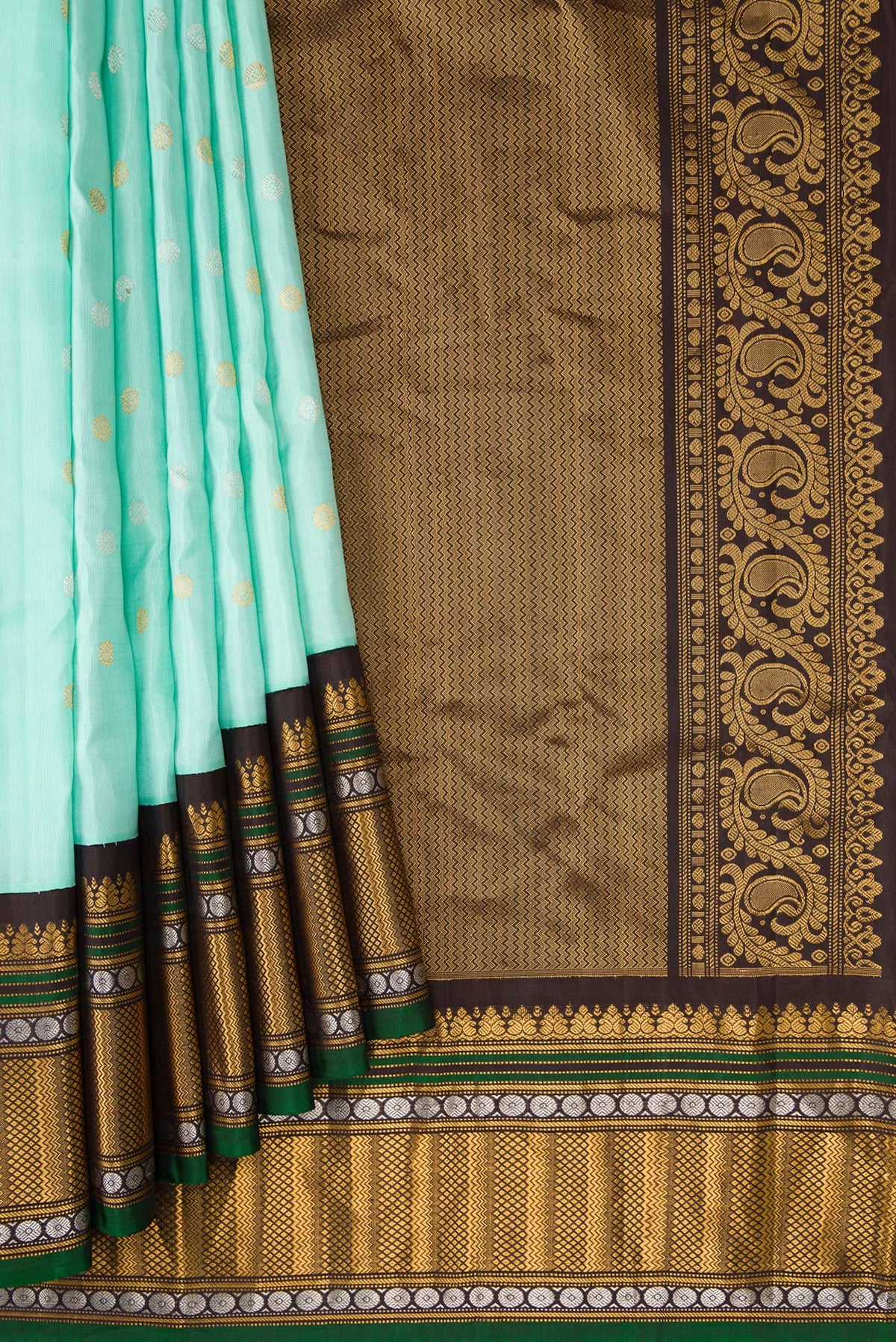 Pleats and pallu of Sky Blue Dual Tone Gadwal Silk Saree with Zari Butta on the body and Zari Border. 