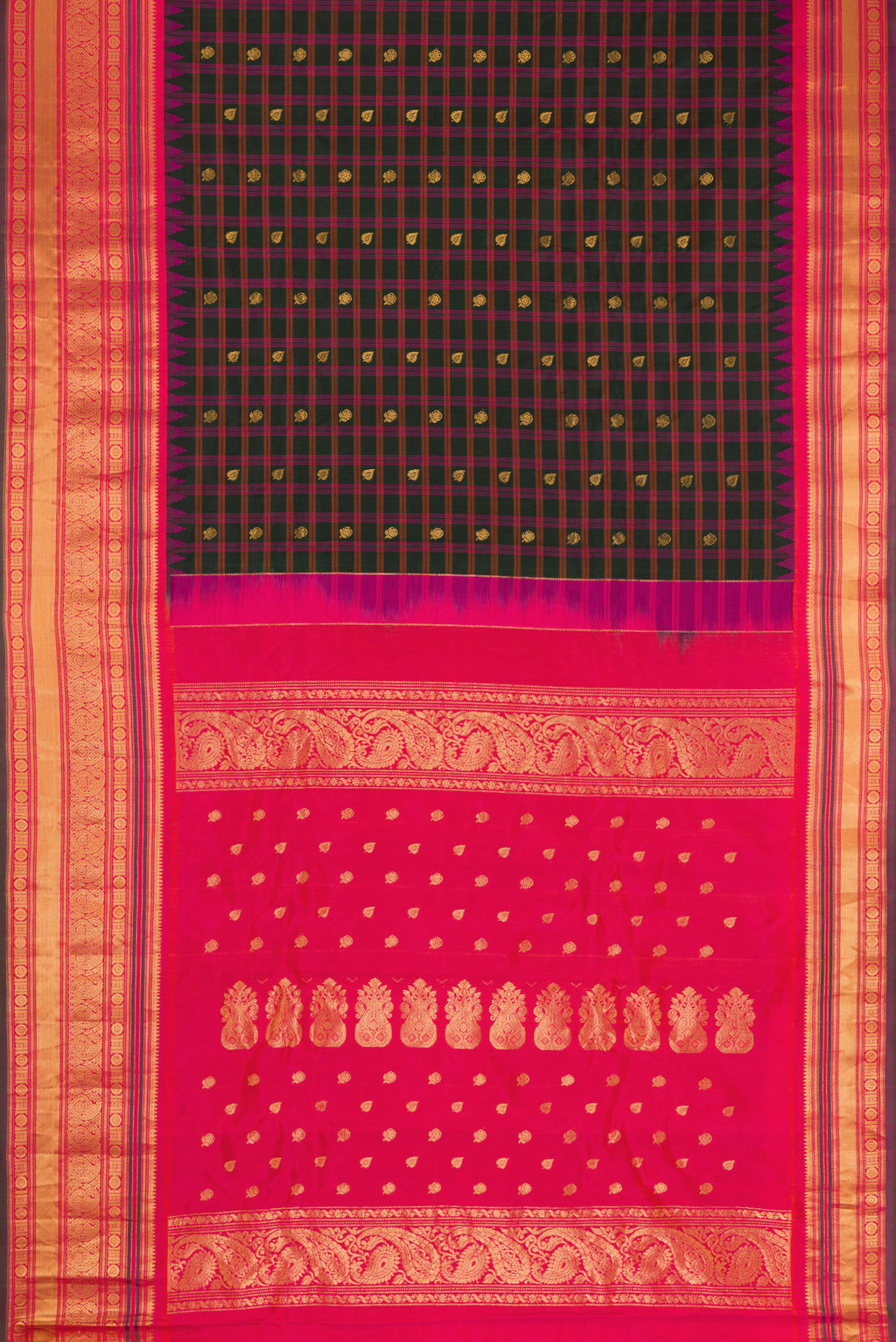 Flat view of Black Dual Tone Gadwal Silk Saree with Checked design on the body and Zari Border. 