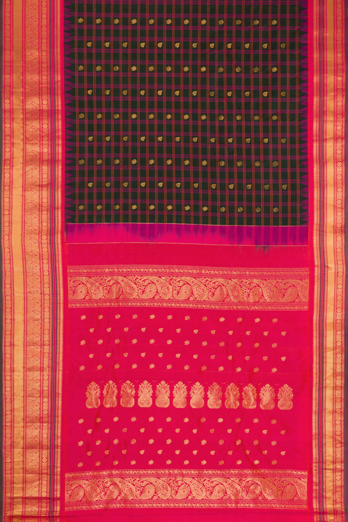 Flat view of Black Dual Tone Gadwal Silk Saree with Checked design on the body and Zari Border. 