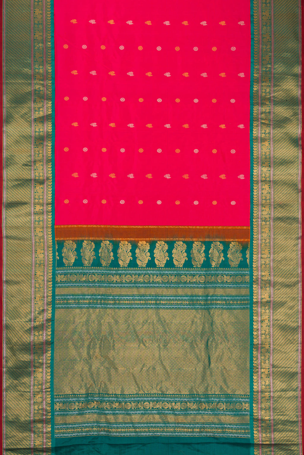 Flat view of Coral Dual Tone Gadwal Silk Saree with Zari Butta on the body and Zari Border. 
