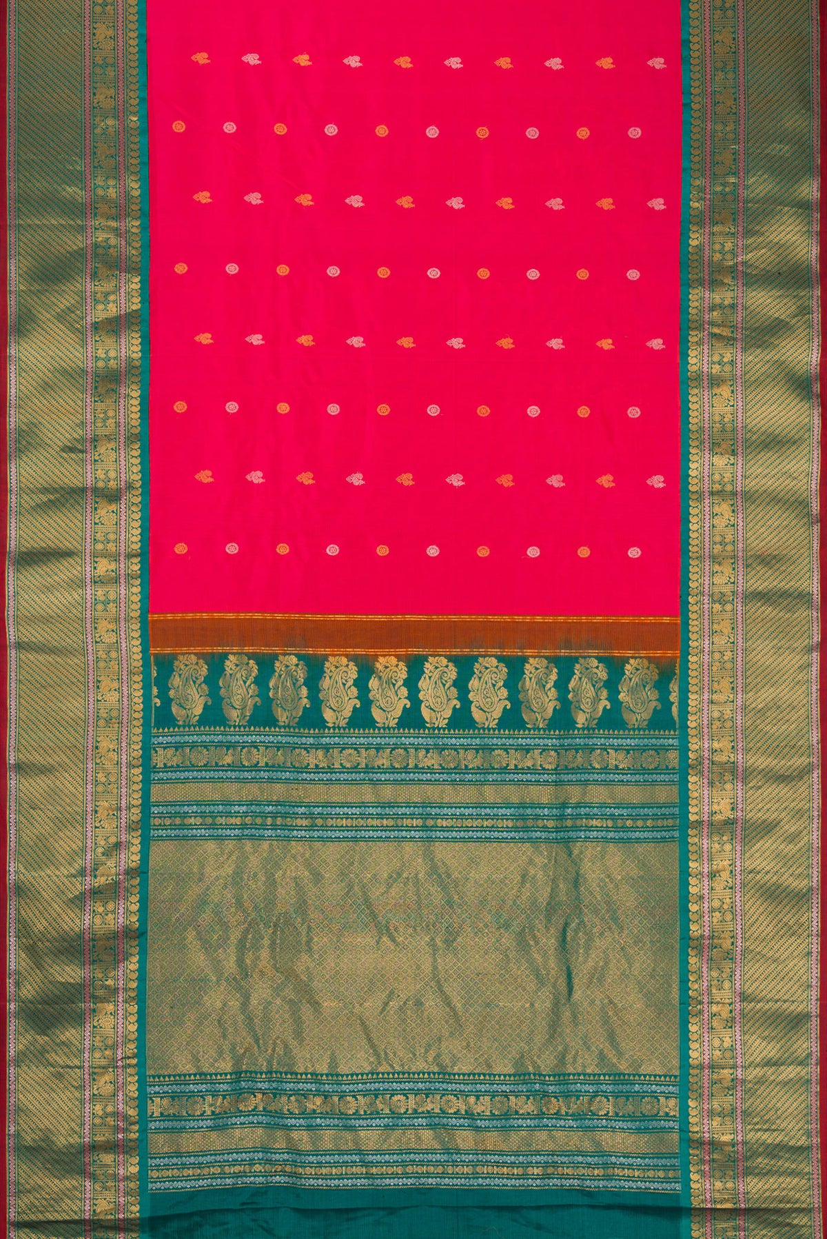 Flat view of Coral Dual Tone Gadwal Silk Saree with Zari Butta on the body and Zari Border. 