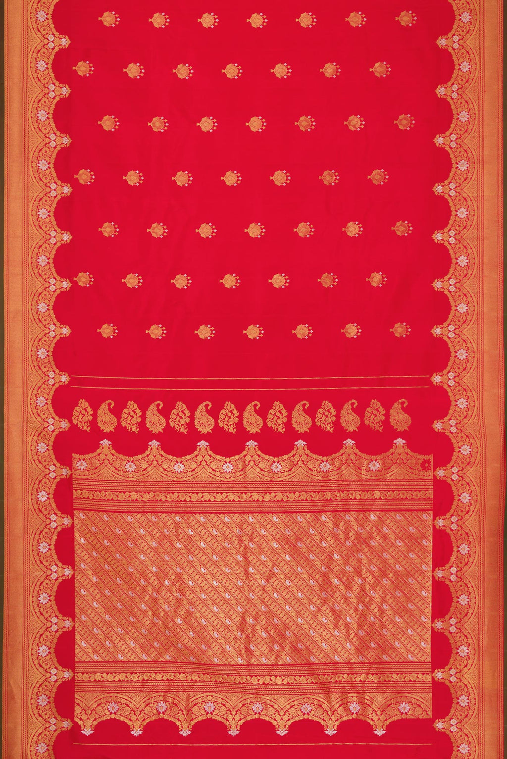 Flat view of Pure Silk Pure Zari Red Dual Tone Gadwal Saree with Zari Butta on the body and Zari Border. 