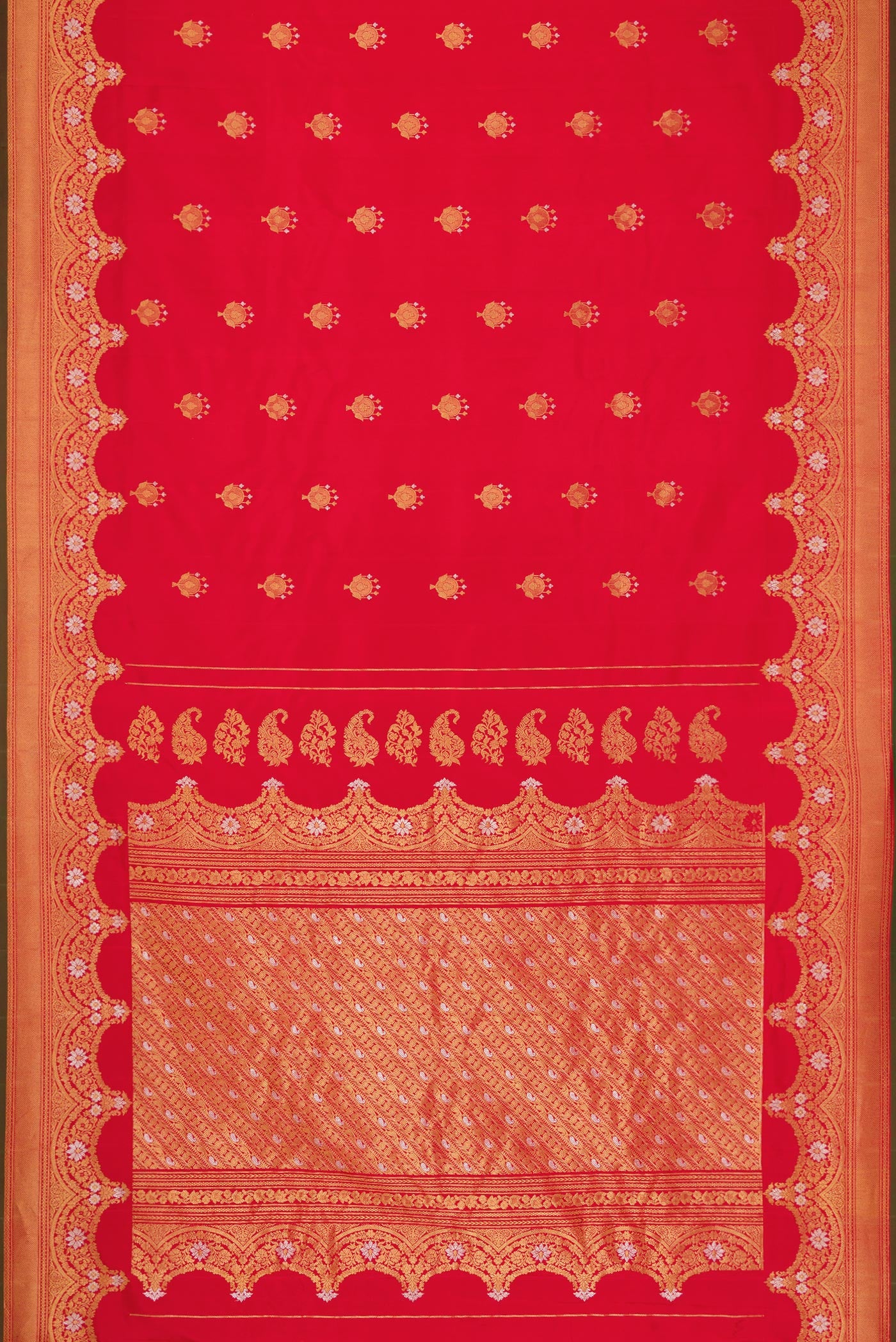 Flat view of Pure Silk Pure Zari Red Dual Tone Gadwal Saree with Zari Butta on the body and Zari Border. 