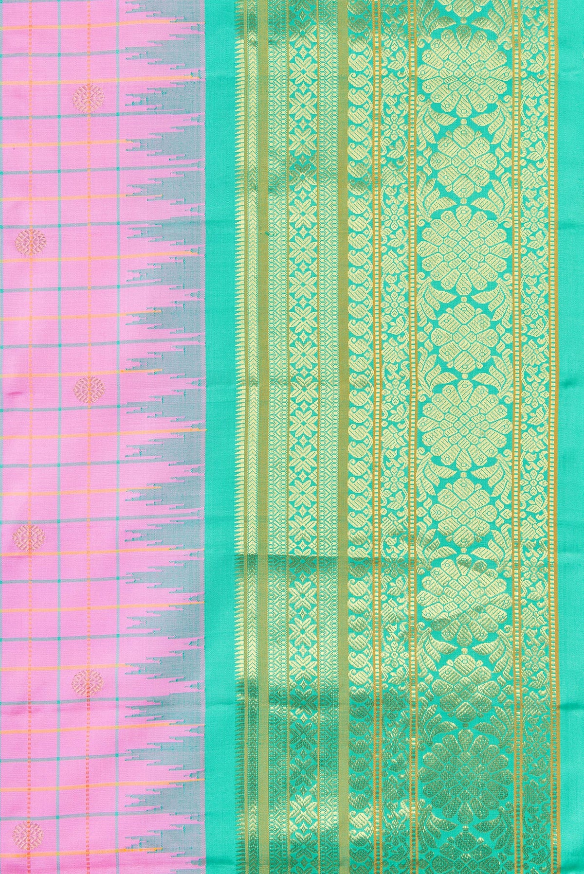 Border image of Pink Dual Tone Gadwal Silk Saree with Checked design on the body and Temple Border. 