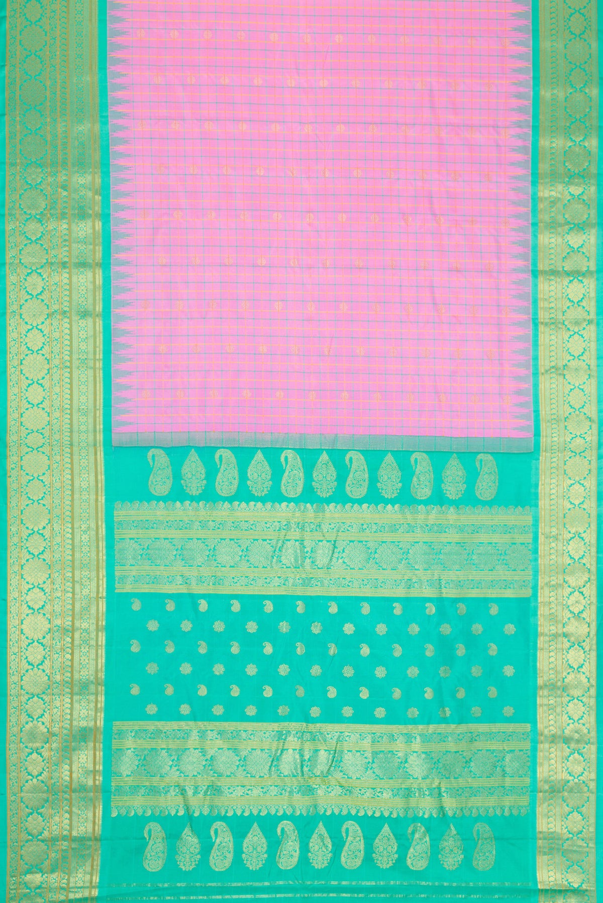 Flat view of Pink Dual Tone Gadwal Silk Saree with Checked design on the body and Temple Border. 