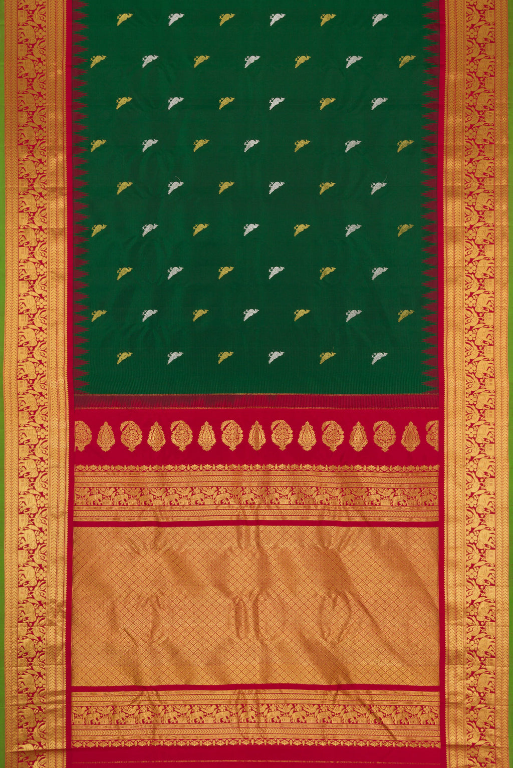 Flat view of Green Dual Tone Gadwal Silk Saree with Zari Butta on the body and Zari Border. 