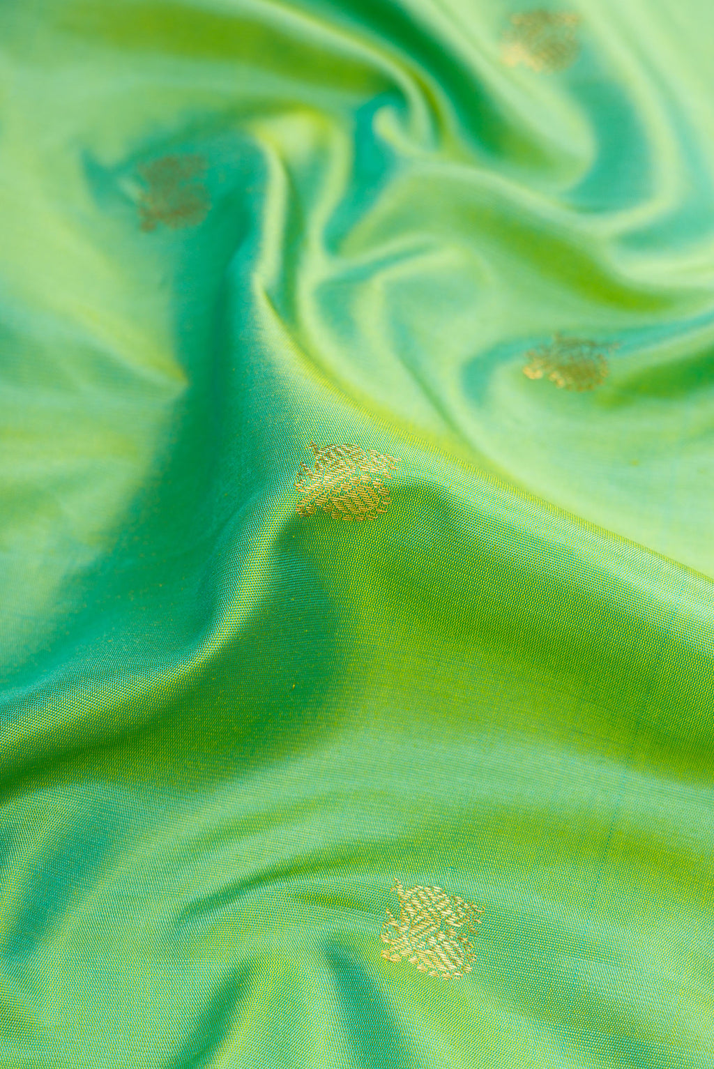 Close up of Light Green Dual Tone Gadwal Silk Saree with Zari Butta on the body and Zari Border.  displaying folds
