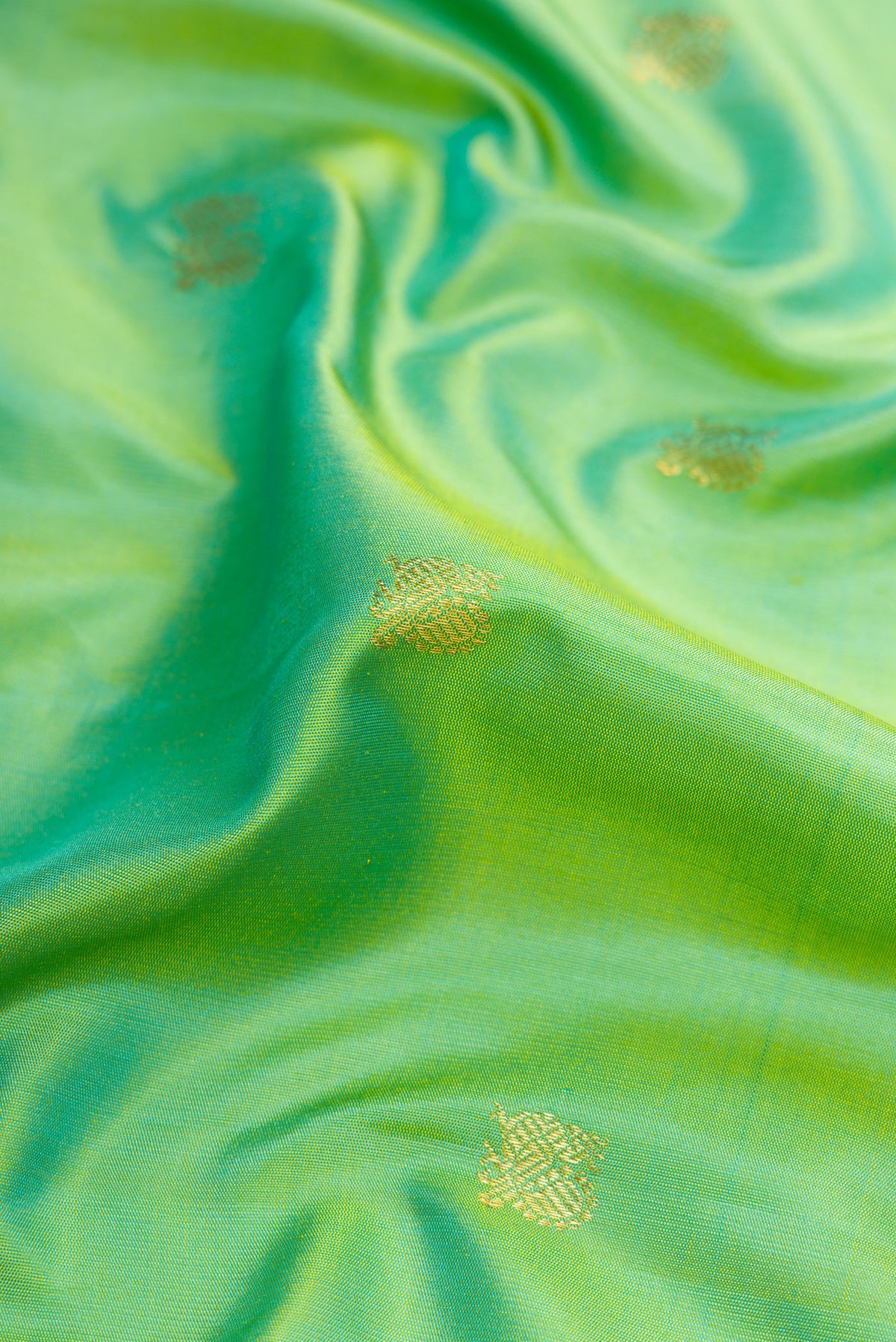 Close up of Light Green Dual Tone Gadwal Silk Saree with Zari Butta on the body and Zari Border.  displaying folds