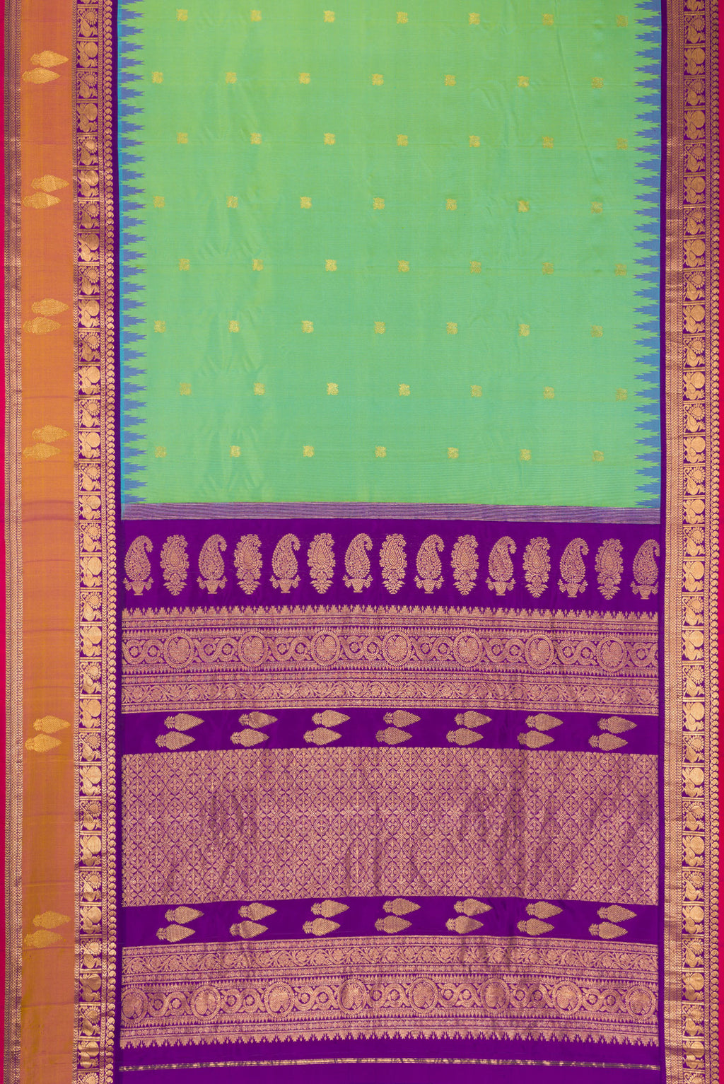 Flat view of Light Green Dual Tone Gadwal Silk Saree with Zari Butta on the body and Zari Border. 