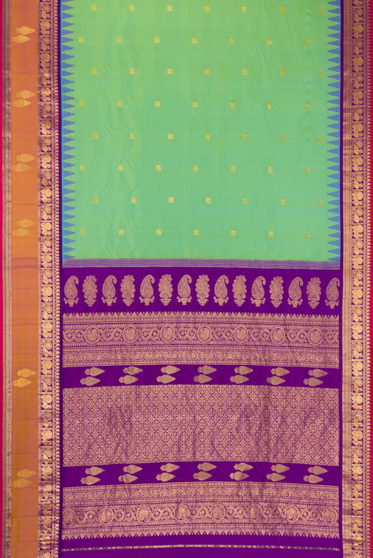 Flat view of Light Green Dual Tone Gadwal Silk Saree with Zari Butta on the body and Zari Border. 