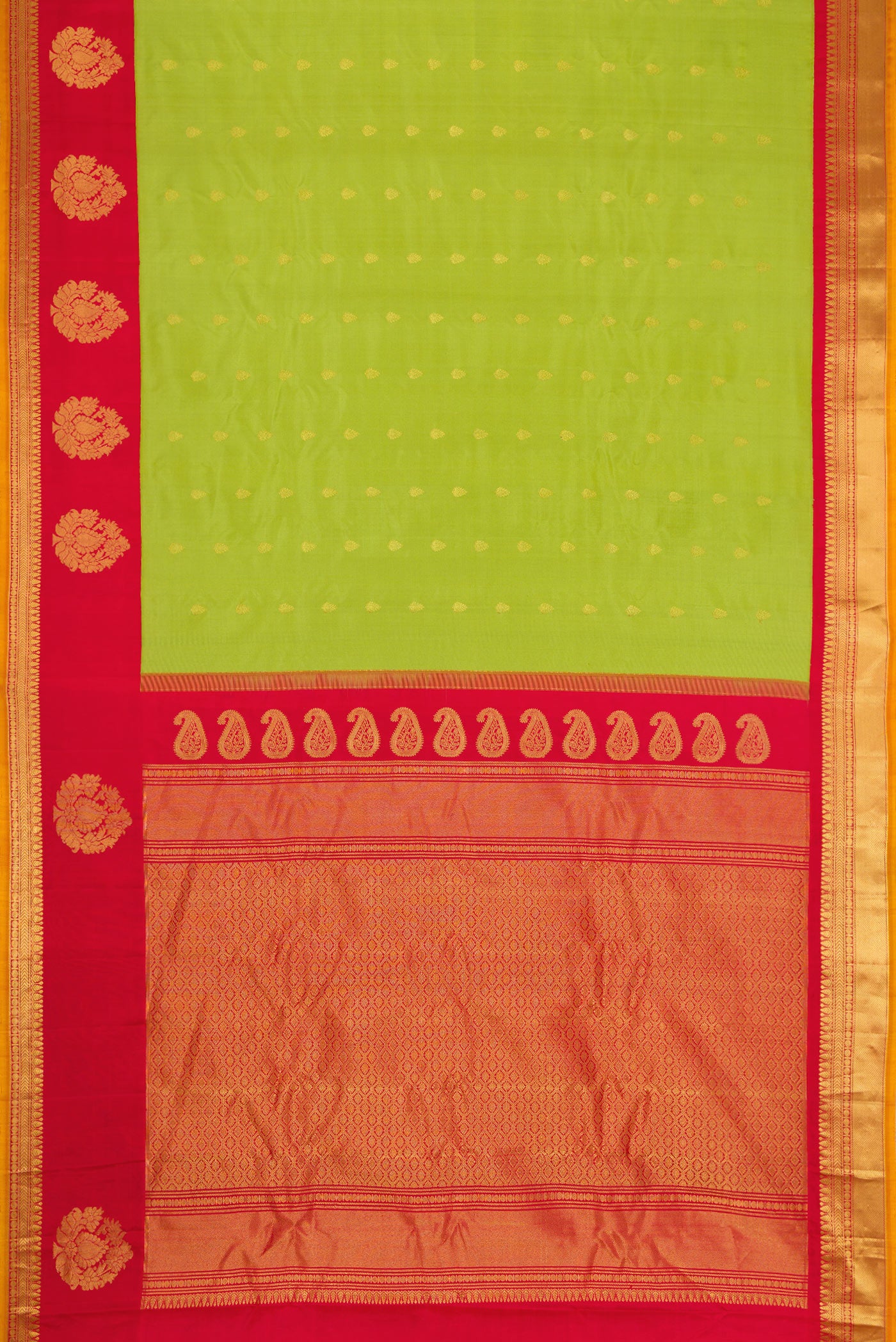 Flat view of Parrot Green Dual Tone Gadwal Silk Saree with Zari Butta on the body and Zari Border. 
