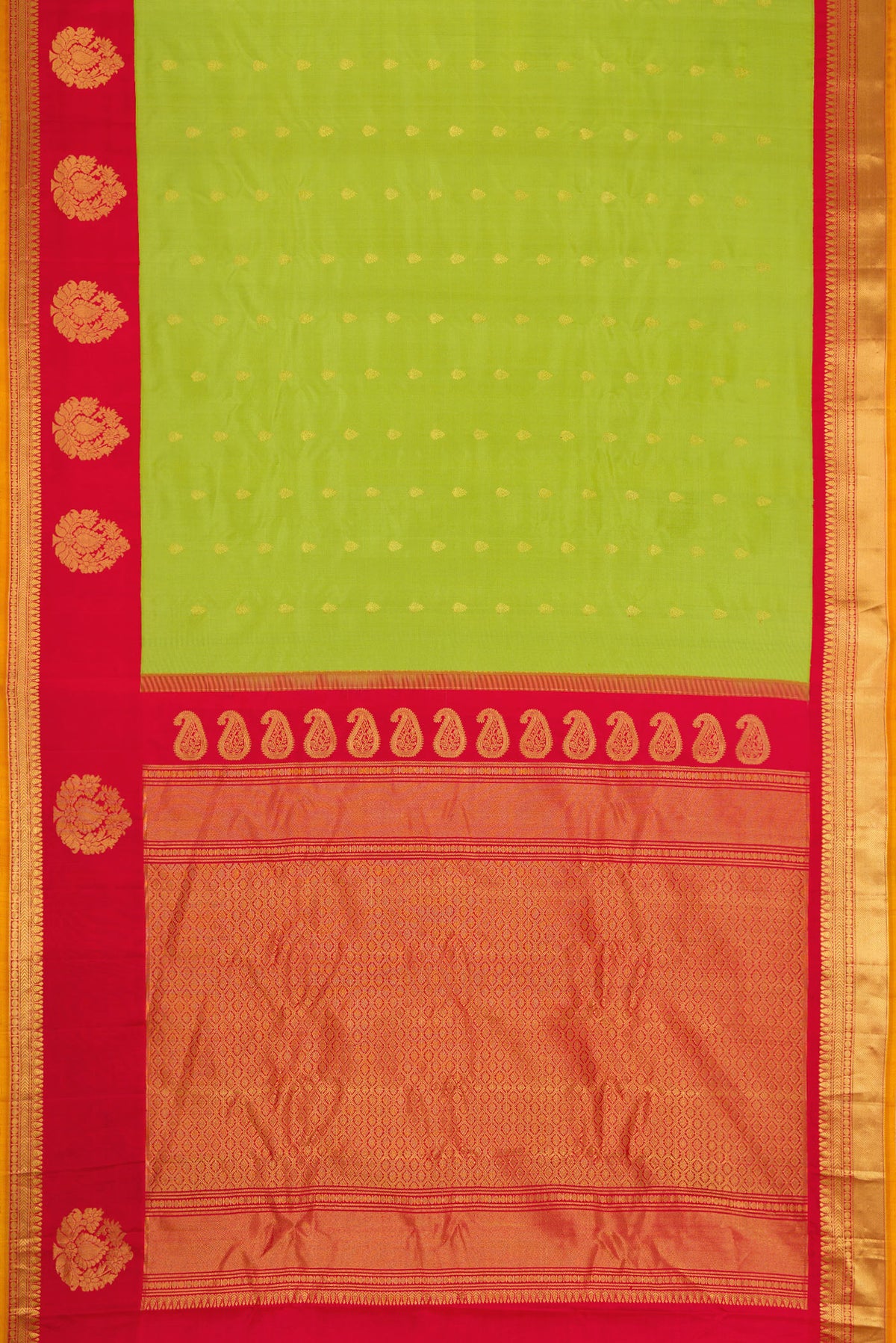 Flat view of Parrot Green Dual Tone Gadwal Silk Saree with Zari Butta on the body and Zari Border. 