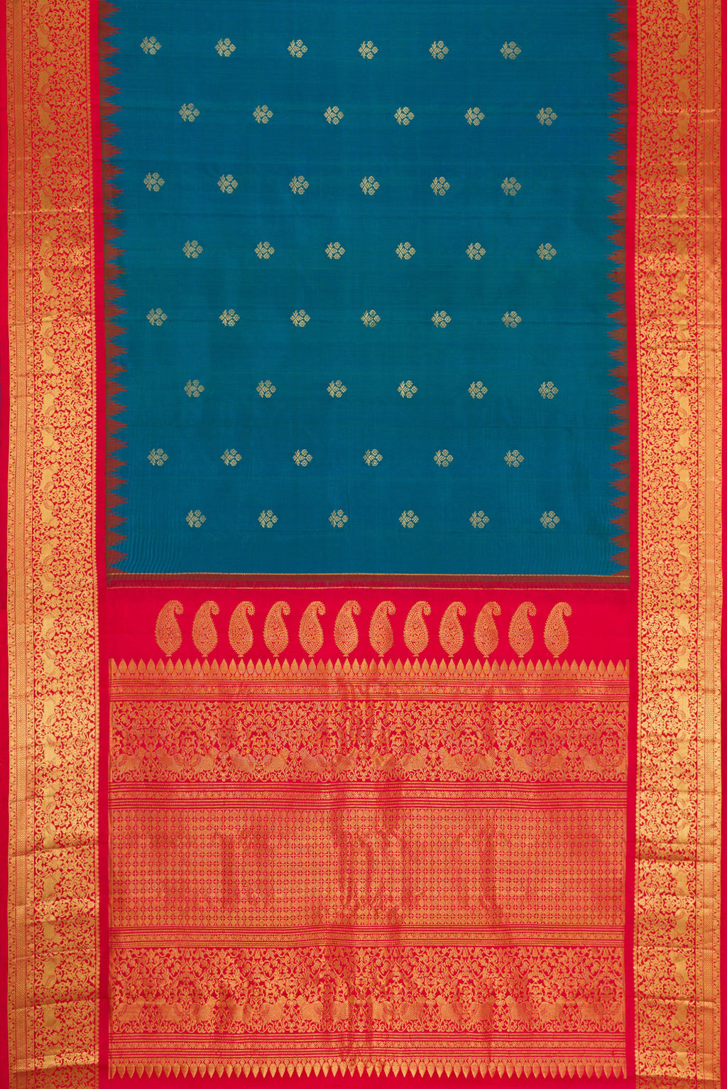 Flat view of Peacock Blue Dual Tone Gadwal Silk Saree with Zari Butta on the body and Zari Border. 