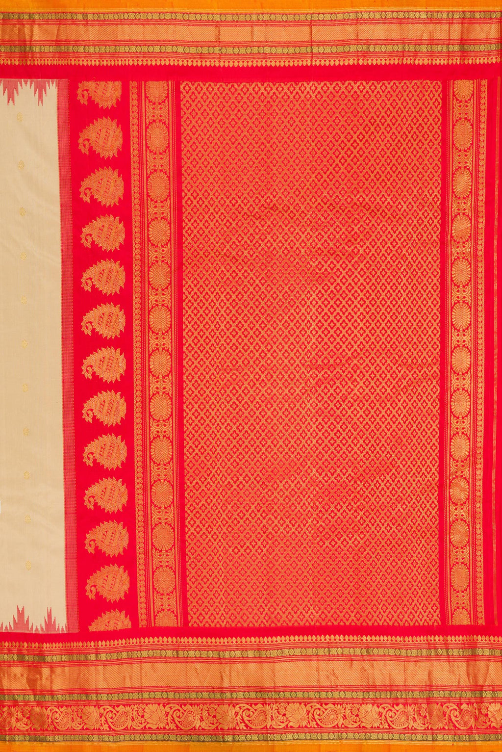 Close up image of the pallu of Dark Beige Gadwal Silk Saree with Zari Butta on the body and Zari Border. 