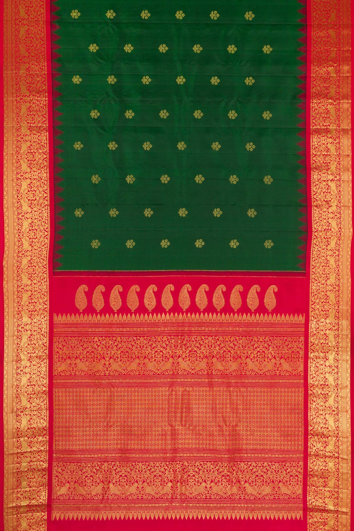 Flat view of Bottle Green Gadwal Silk Saree with Zari Butta on the body and Zari Border. 