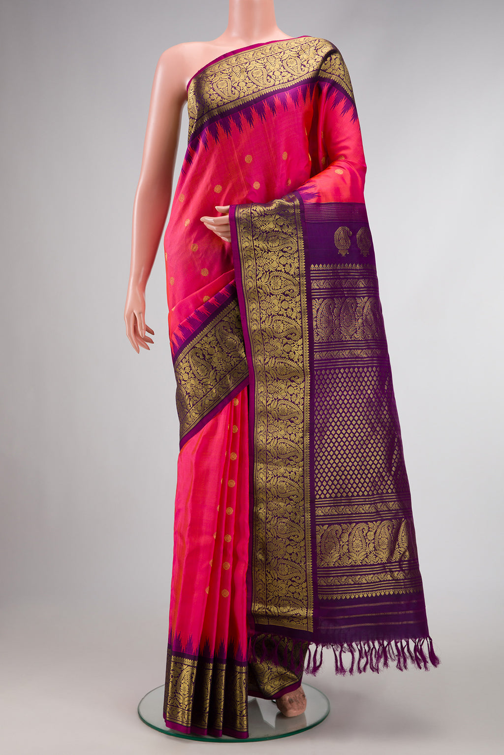 Pink Dual Tone Gadwal Silk Saree with Zari Butta on the body and Zari Border.  displayed on a mannequin