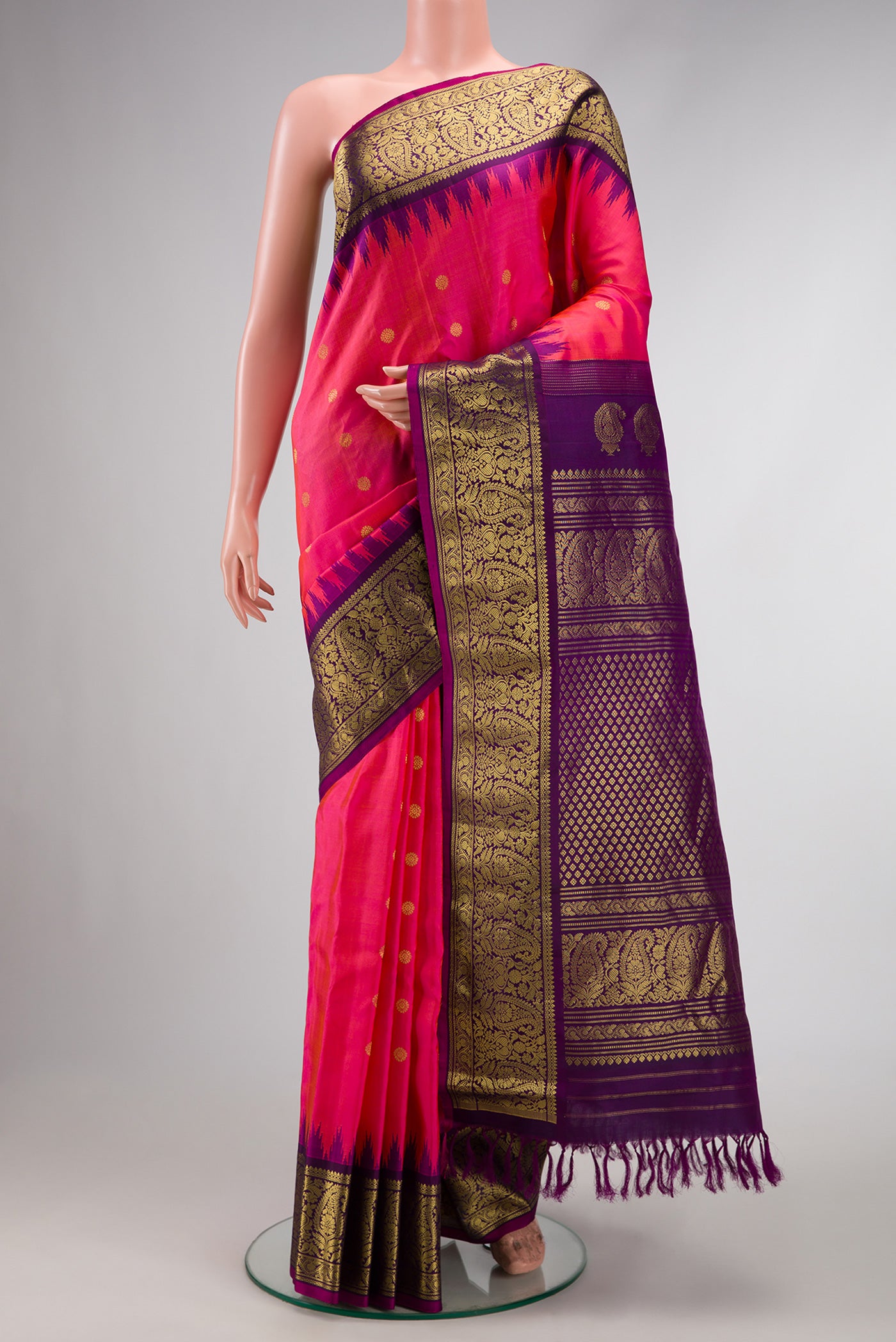 Pink Dual Tone Gadwal Silk Saree with Zari Butta on the body and Zari Border.  displayed on a mannequin