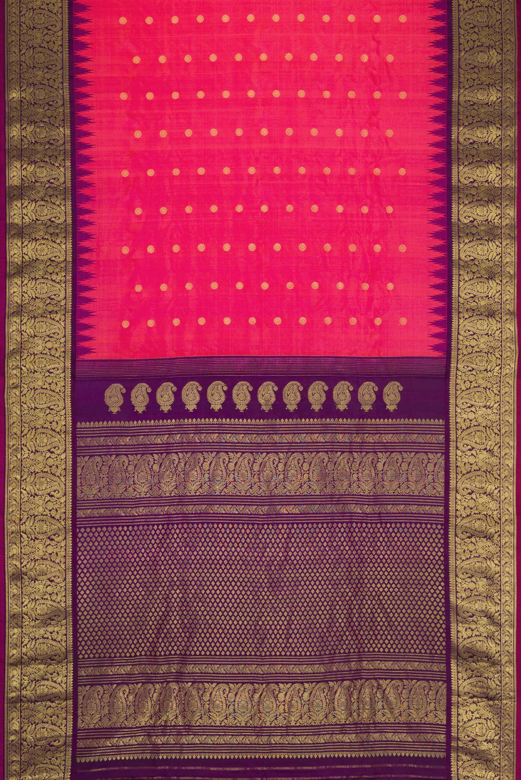 Flat view of Pink Dual Tone Gadwal Silk Saree with Zari Butta on the body and Zari Border. 