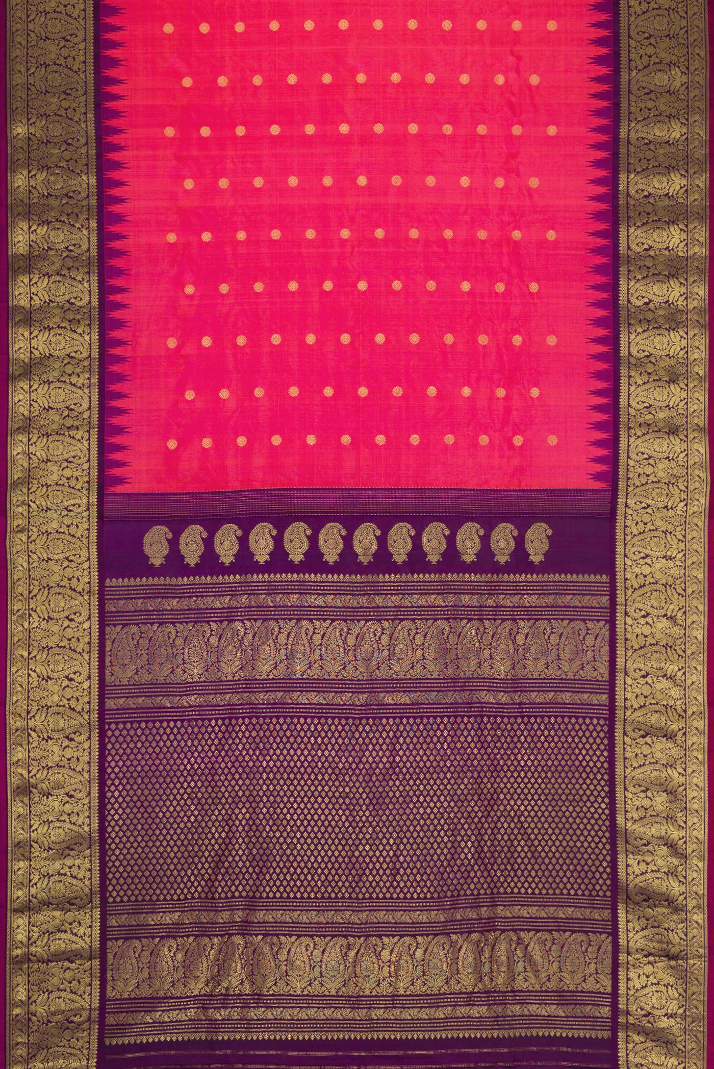 Flat view of Pink Dual Tone Gadwal Silk Saree with Zari Butta on the body and Zari Border. 