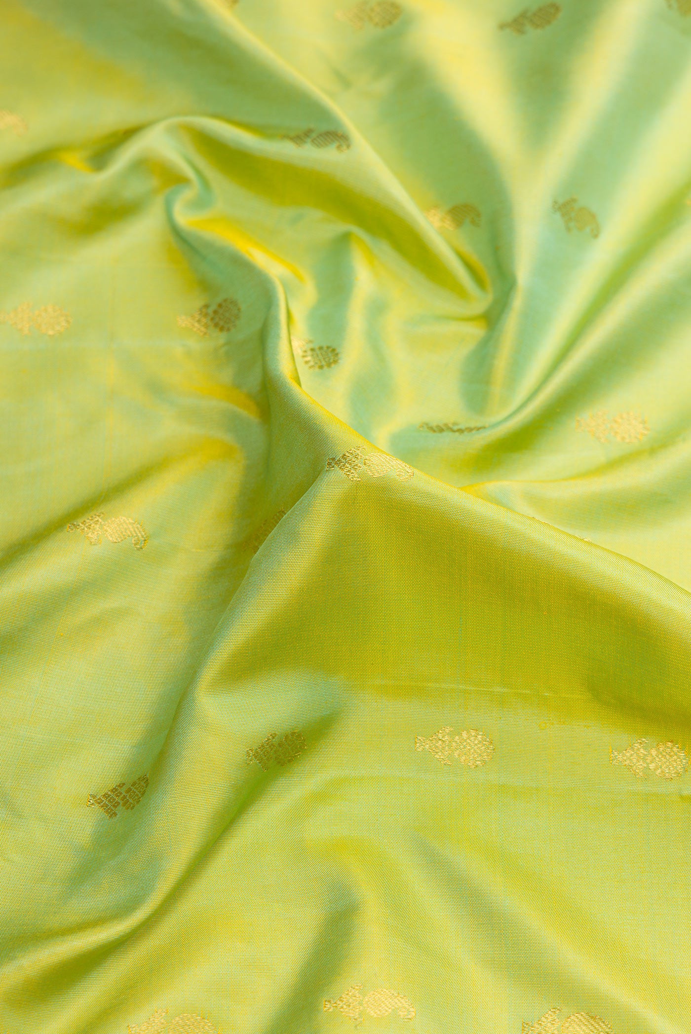 Close up of Light Green Dual Tone Gadwal Silk Saree with Zari Butta on the body and Zari Border.  displaying folds