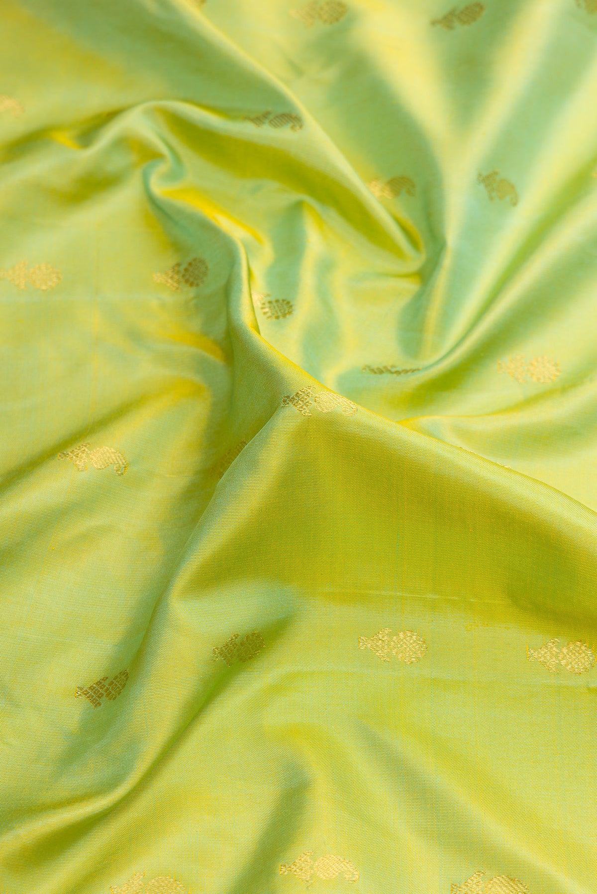 Close up of Light Green Dual Tone Gadwal Silk Saree with Zari Butta on the body and Zari Border.  displaying folds