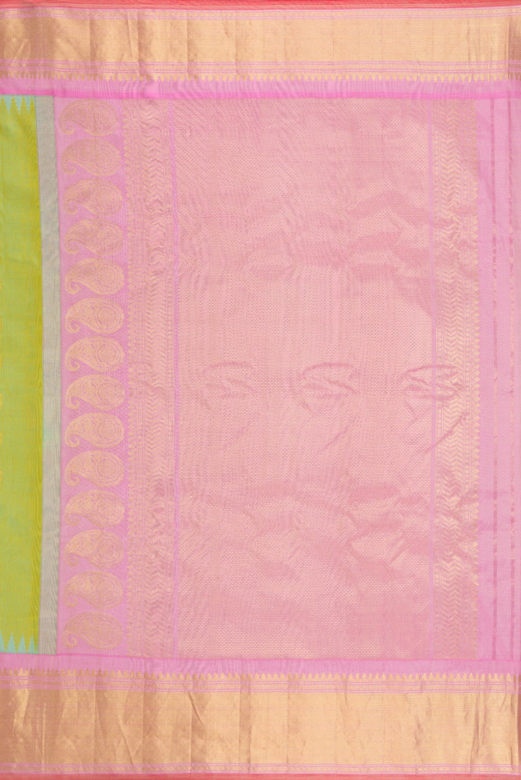 Close up image of the pallu of Light Green Dual Tone Gadwal Silk Saree with Zari Butta on the body and Zari Border. 