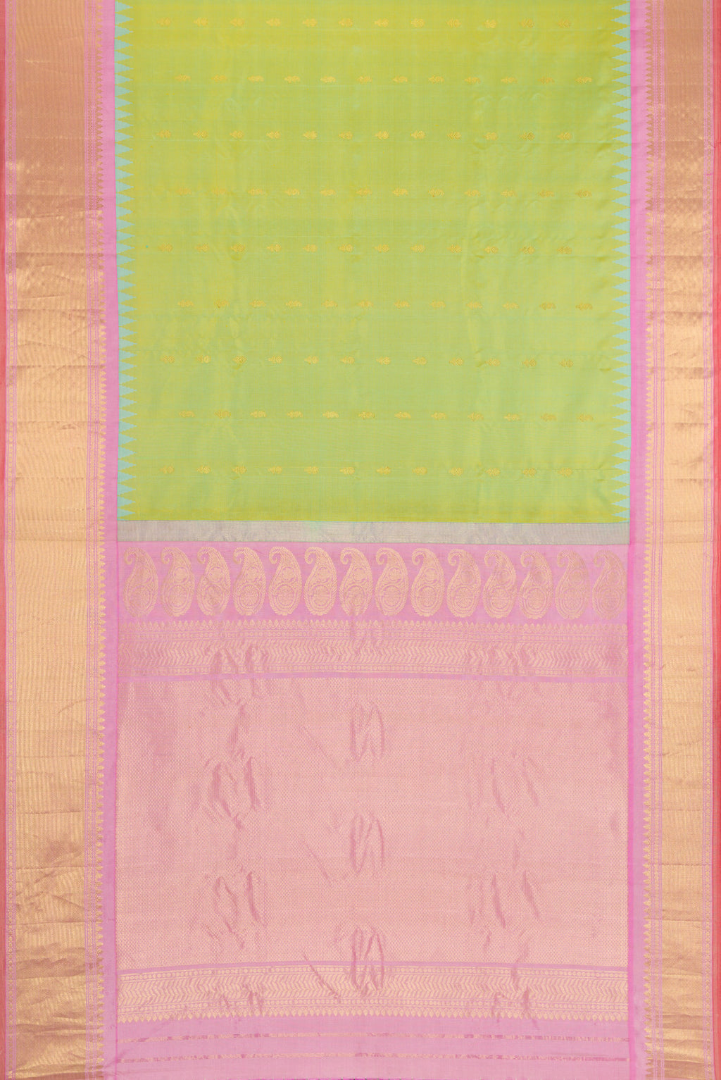 Flat view of Light Green Dual Tone Gadwal Silk Saree with Zari Butta on the body and Zari Border. 