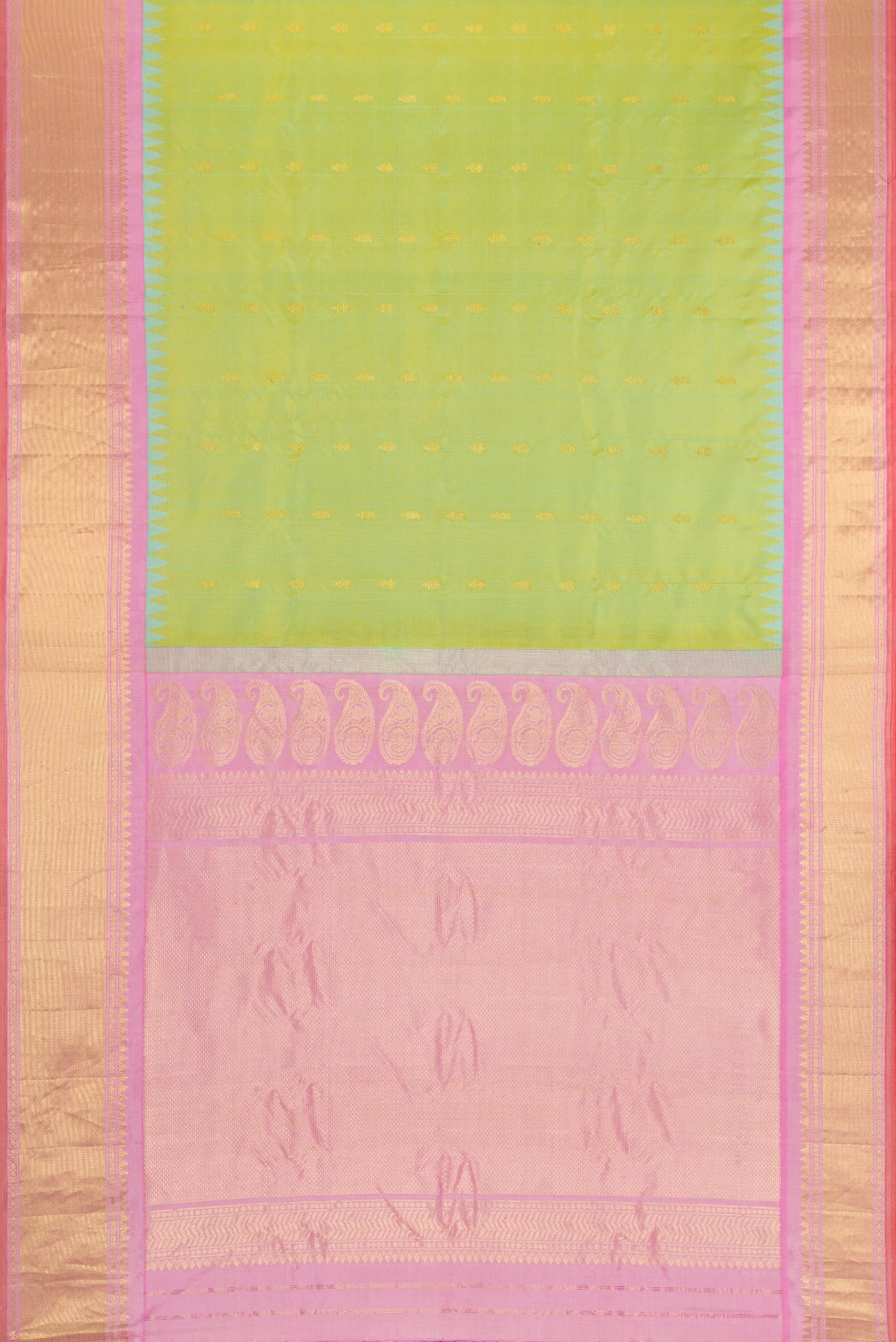 Flat view of Light Green Dual Tone Gadwal Silk Saree with Zari Butta on the body and Zari Border. 