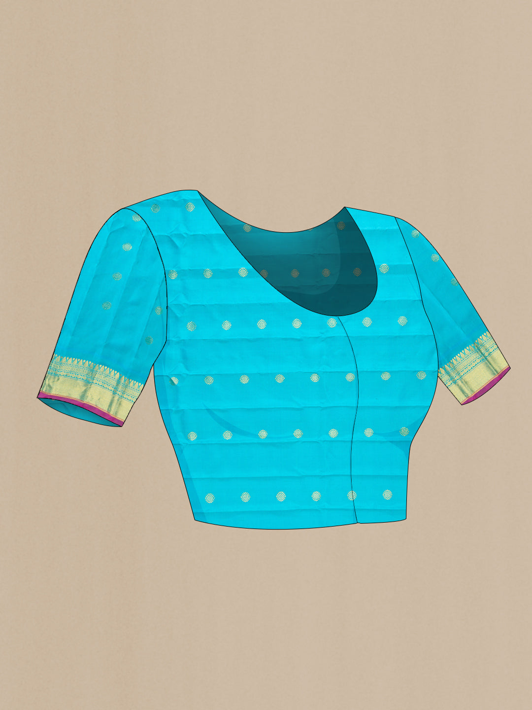 Close up image of the blouse of Golden Peach Dual Tone Gadwal Silk Saree with Zari Butta on the body and Fancy Border. 