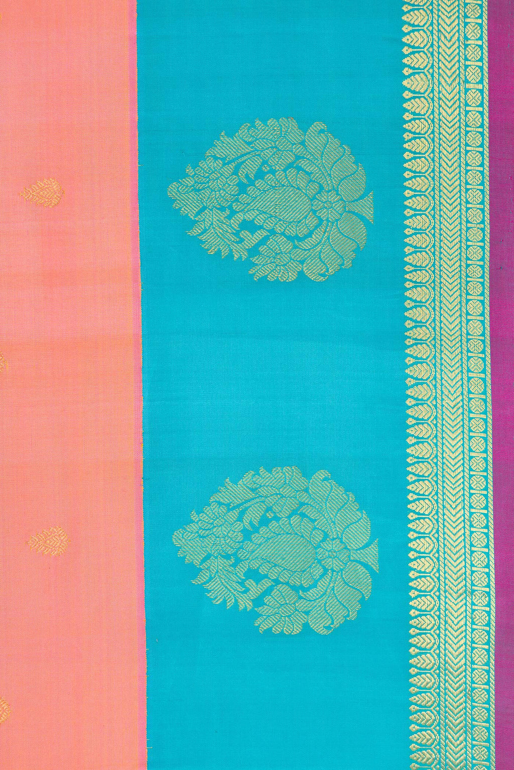Border image of Golden Peach Dual Tone Gadwal Silk Saree with Zari Butta on the body and Fancy Border. 