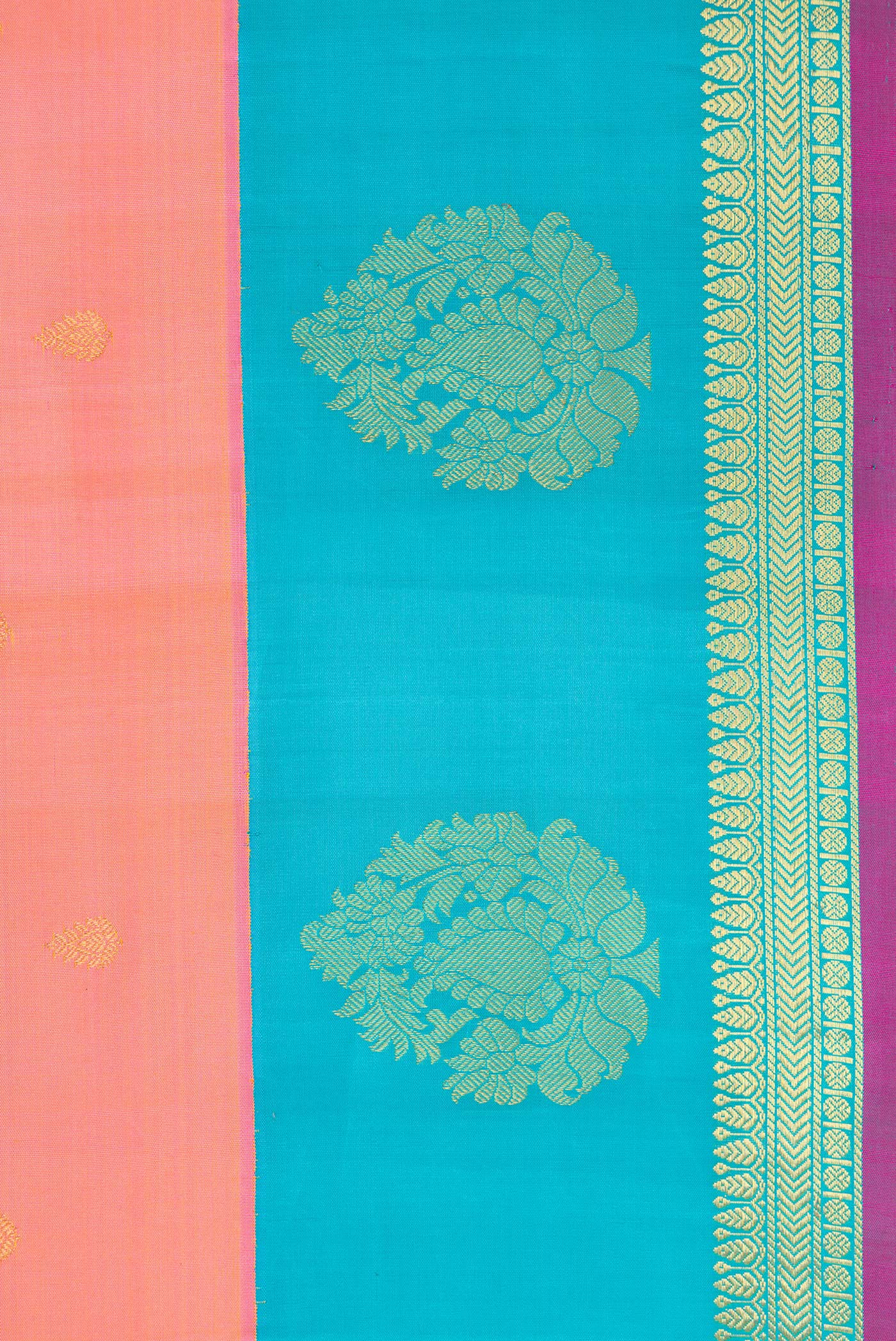Border image of Golden Peach Dual Tone Gadwal Silk Saree with Zari Butta on the body and Fancy Border. 
