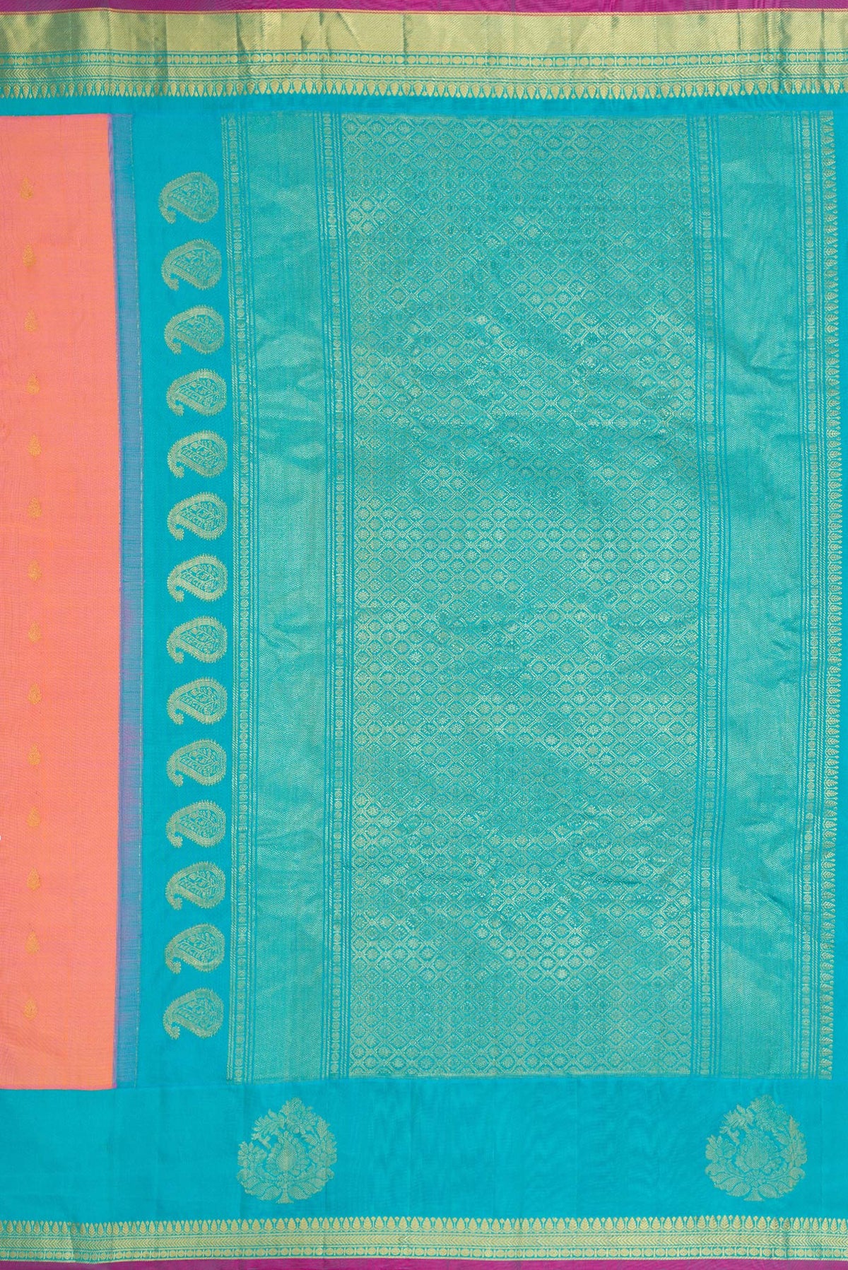 Close up image of the pallu of Golden Peach Dual Tone Gadwal Silk Saree with Zari Butta on the body and Fancy Border. 