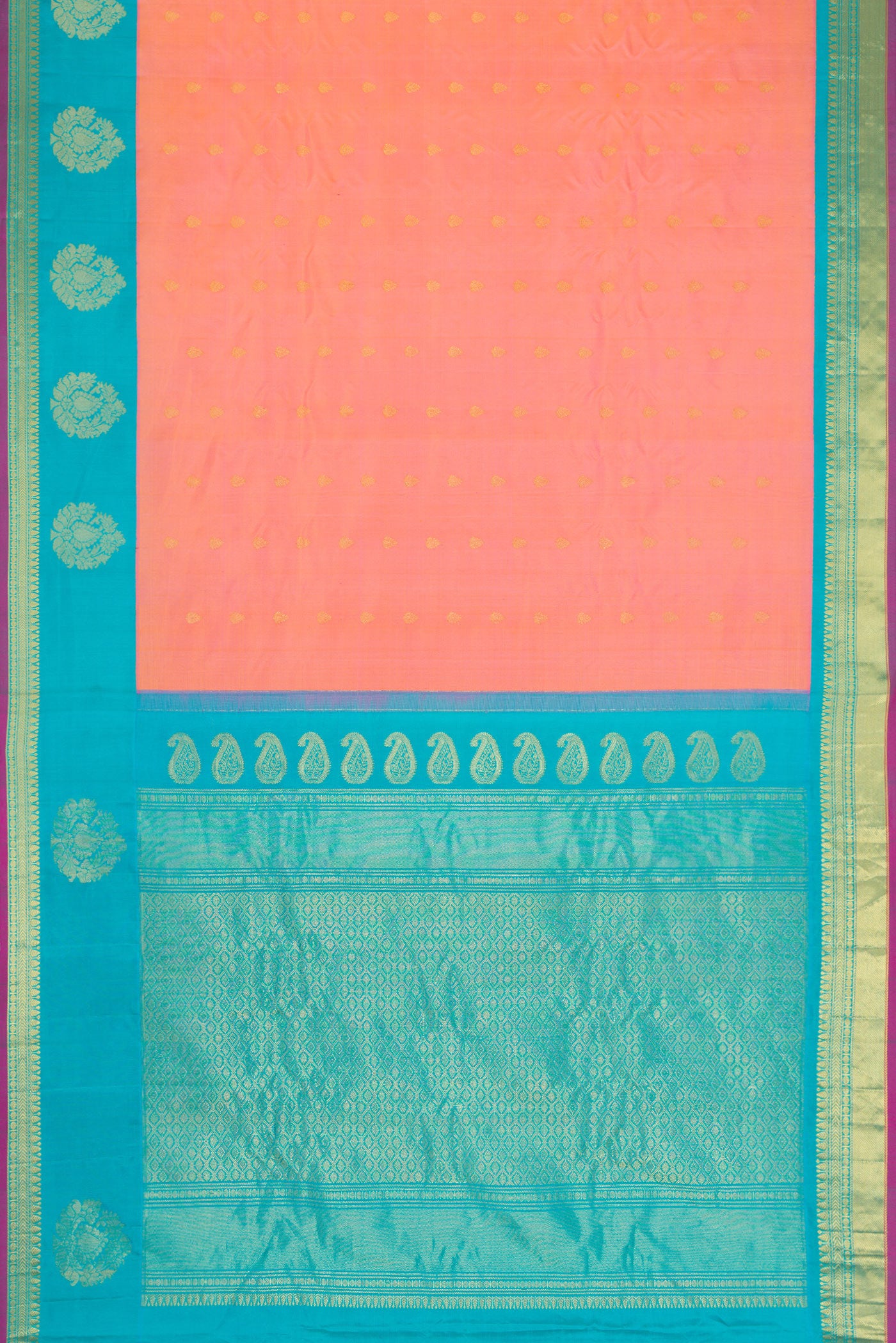 Flat view of Golden Peach Dual Tone Gadwal Silk Saree with Zari Butta on the body and Fancy Border. 