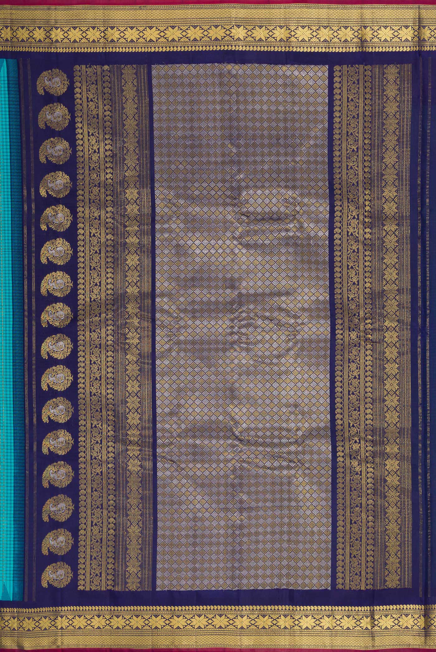 Close up image of the pallu of Sky Blue Dual Tone Gadwal Silk Saree with Checked design on the body and Temple Border. 