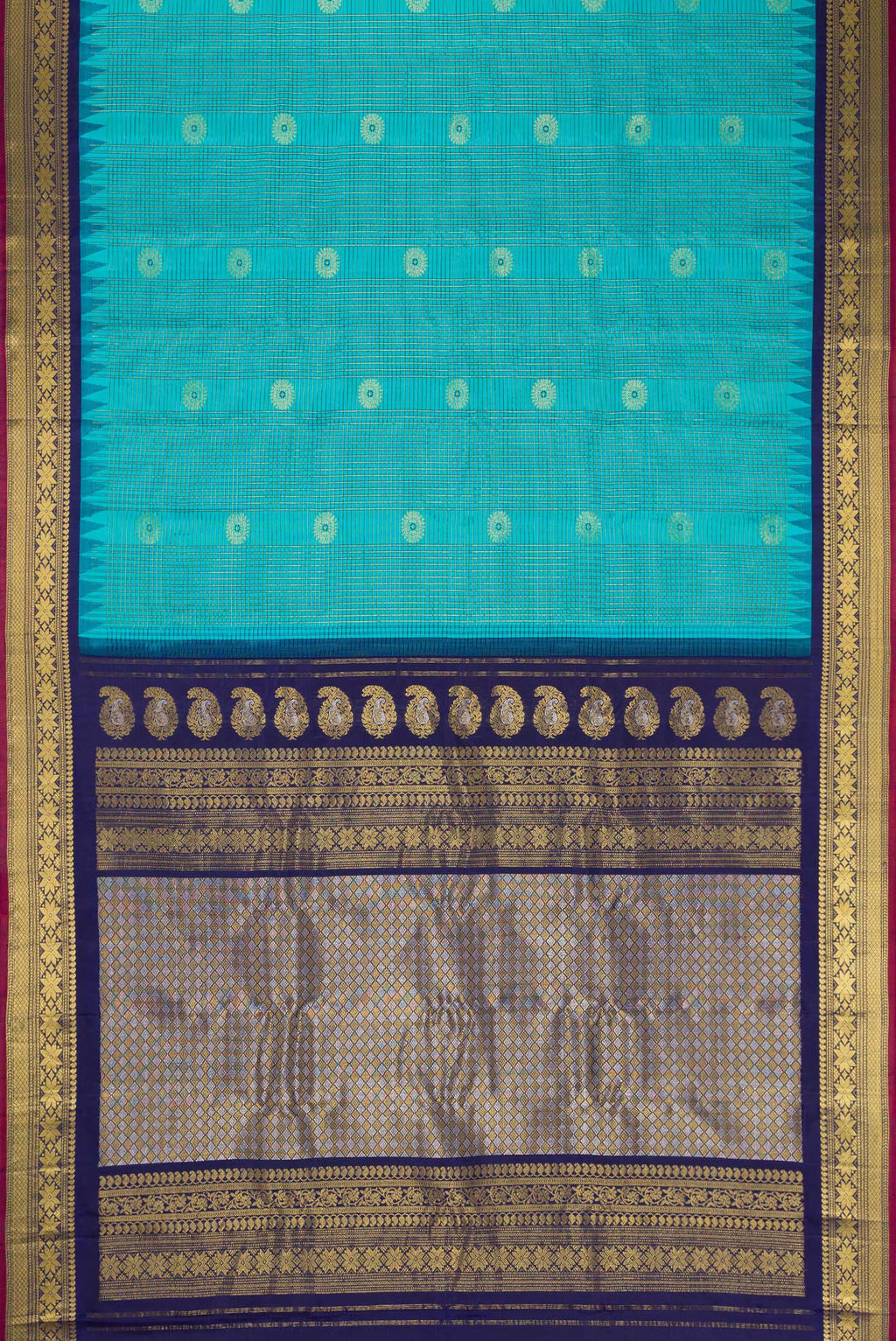 Flat view of Sky Blue Dual Tone Gadwal Silk Saree with Checked design on the body and Temple Border. 