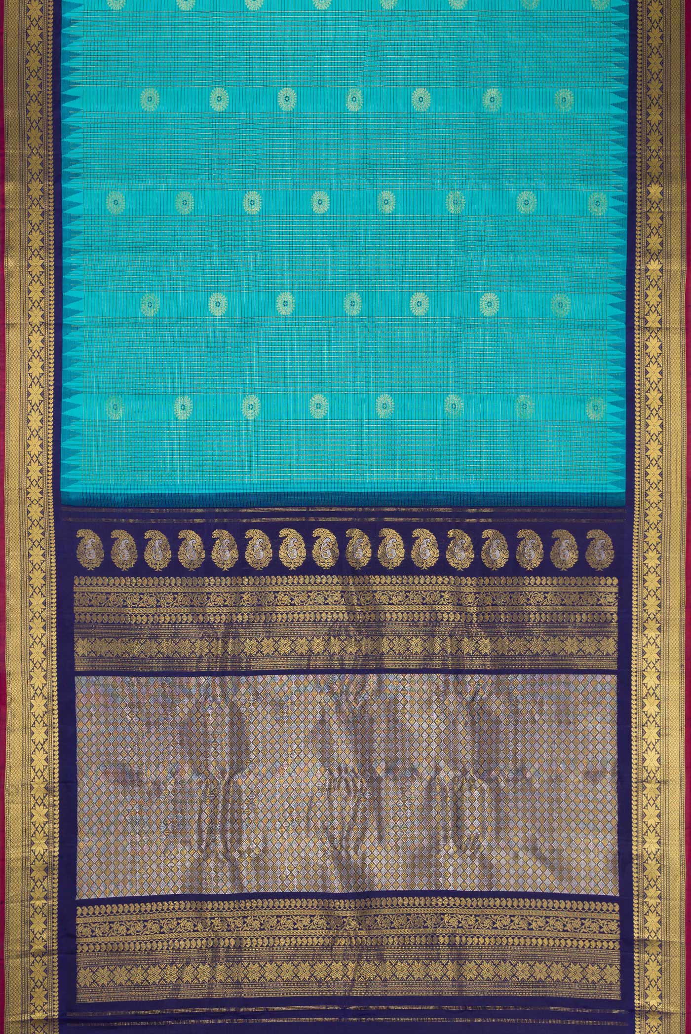 Flat view of Sky Blue Dual Tone Gadwal Silk Saree with Checked design on the body and Temple Border. 