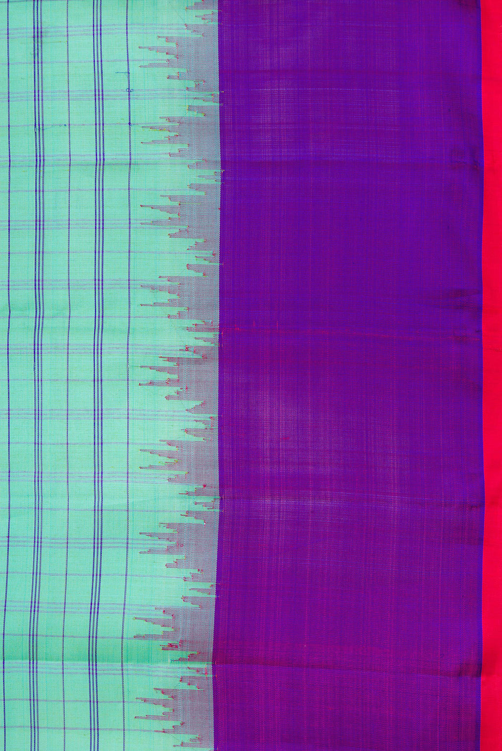Border image of Sea Green Dual Tone Gadwal Silk Saree with Checked design on the body and Temple Border. 