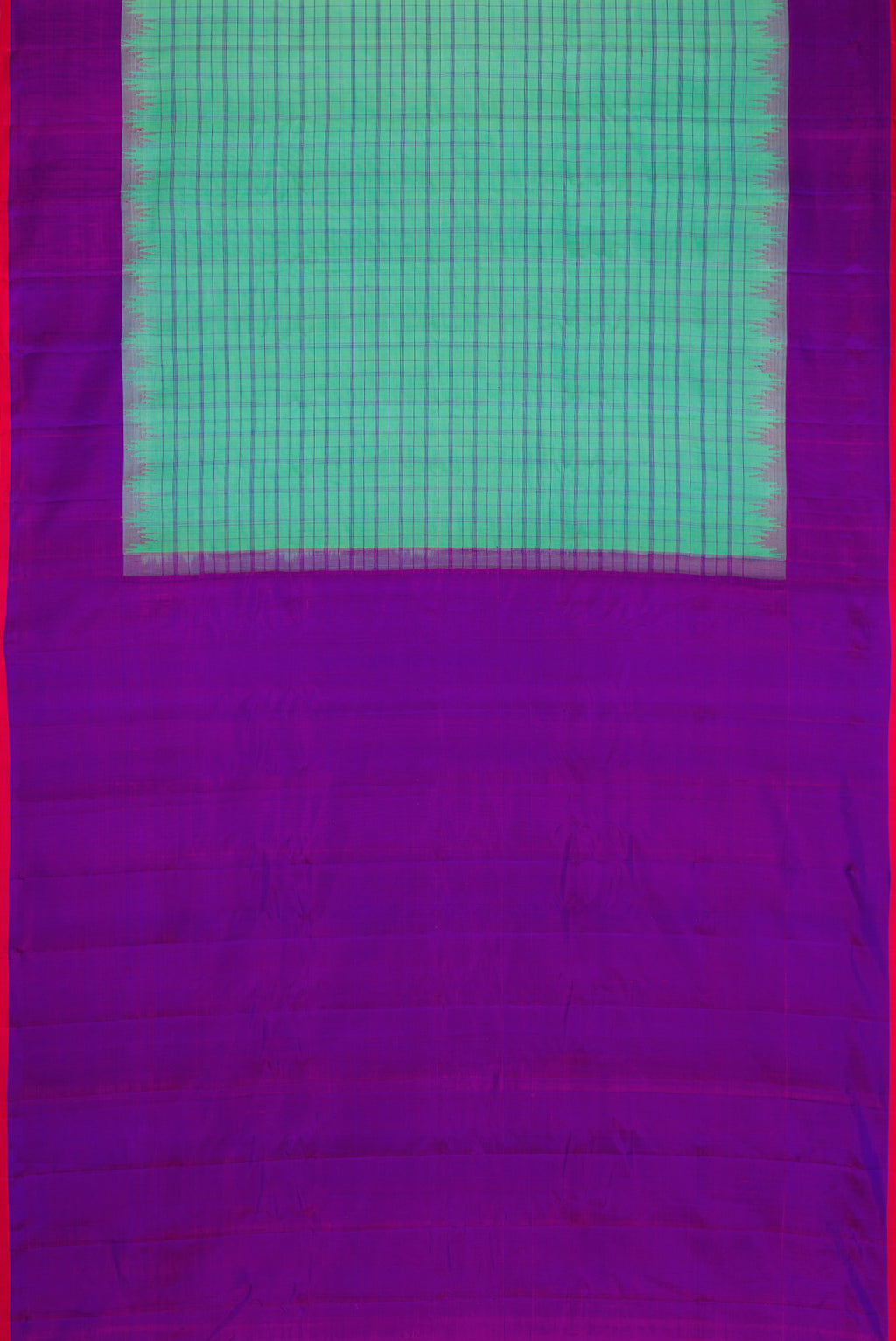 Flat view of Sea Green Dual Tone Gadwal Silk Saree with Checked design on the body and Temple Border. 