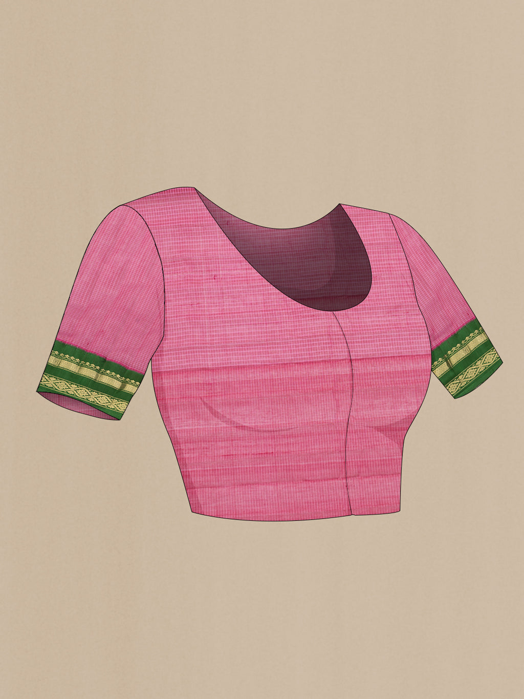 Close up image of the blouse of Pink Dual Tone Gadwal cotton Saree with Checked design on the body and Zari Border. 