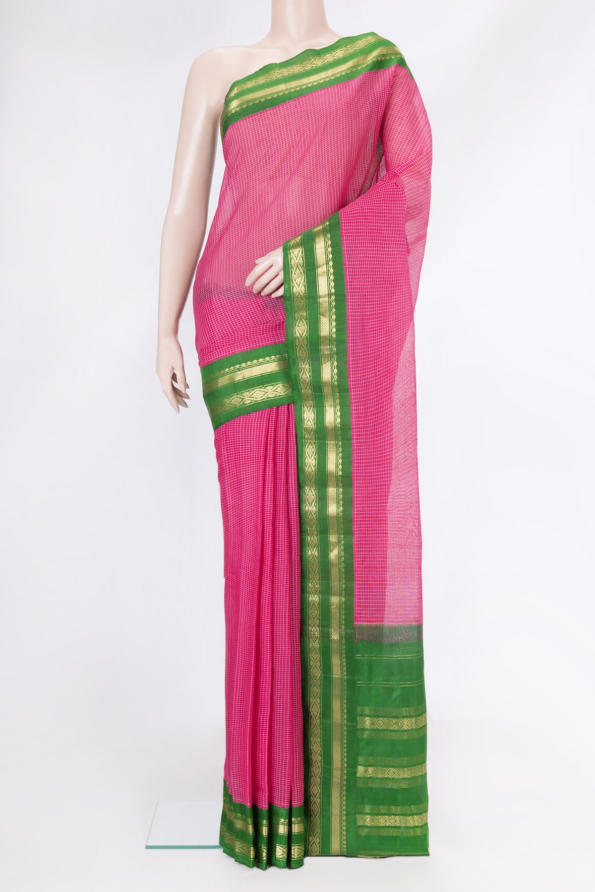 Pink Dual Tone Gadwal cotton Saree with Checked design on the body and Zari Border.  displayed on a mannequin