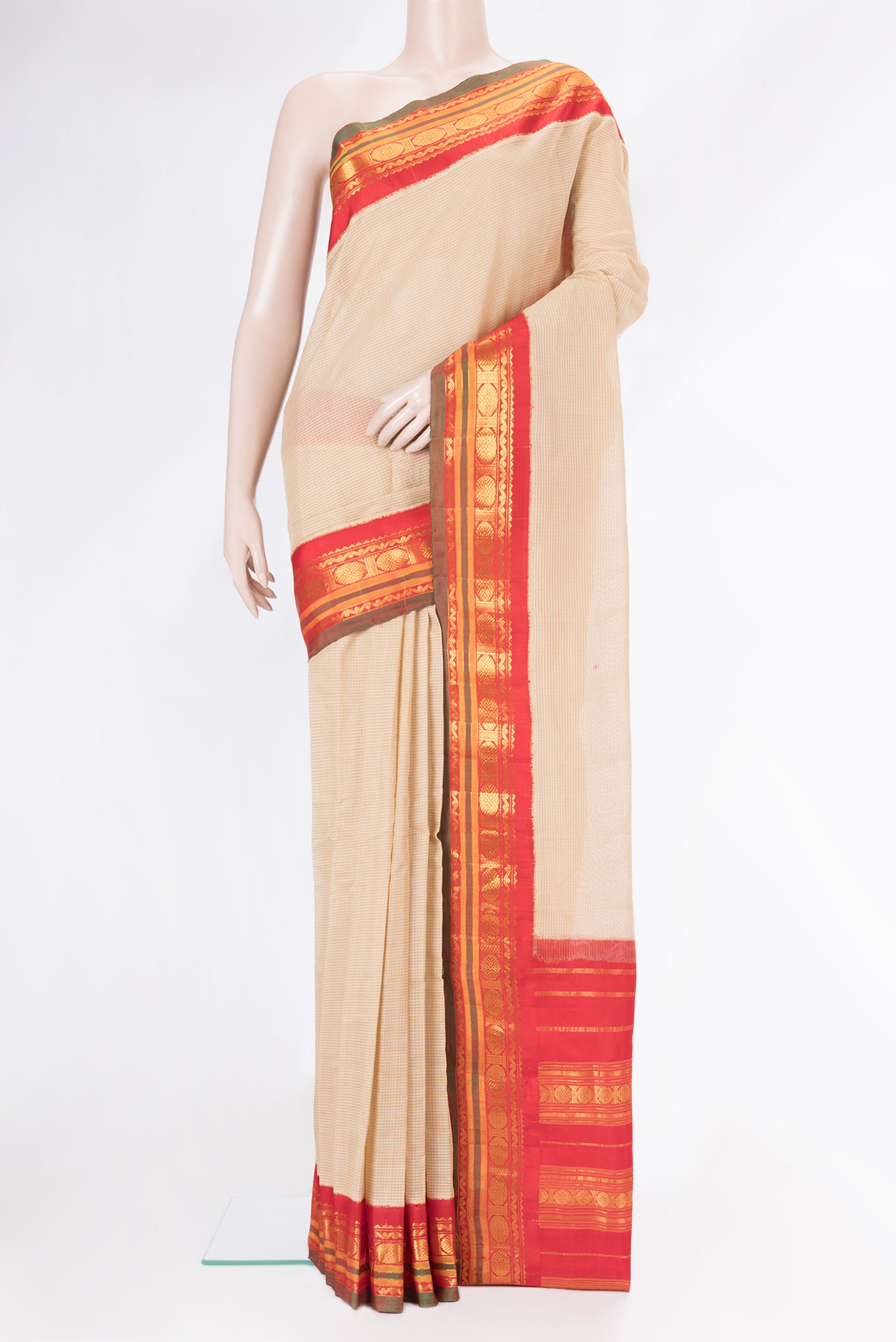 Beige Dual Tone Gadwal Silk Saree with Checked design on the body and Zari Border.  displayed on a mannequin