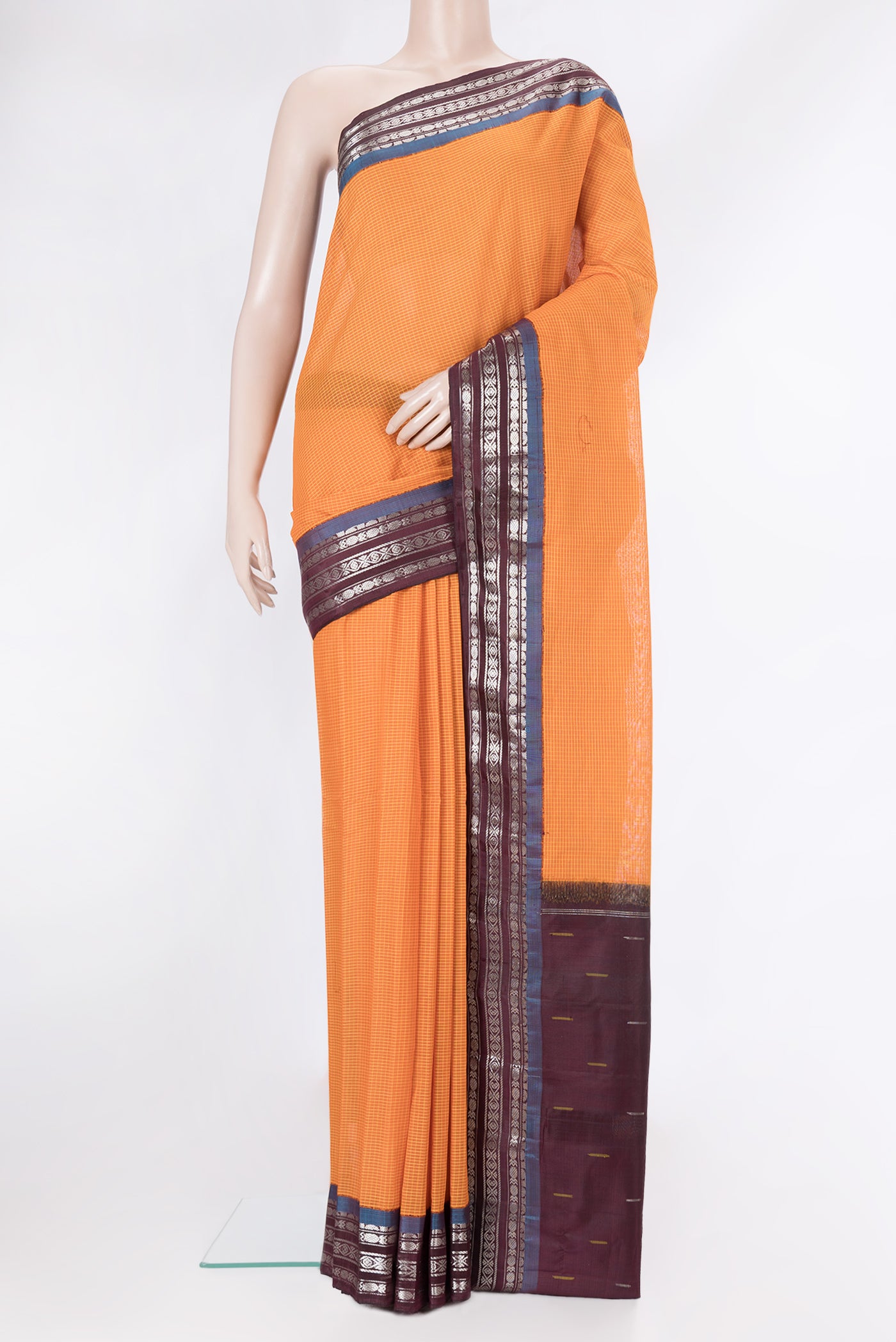 Orange Dual Tone Gadwal Silk Saree with Checked design on the body and Zari Border.  displayed on a mannequin
