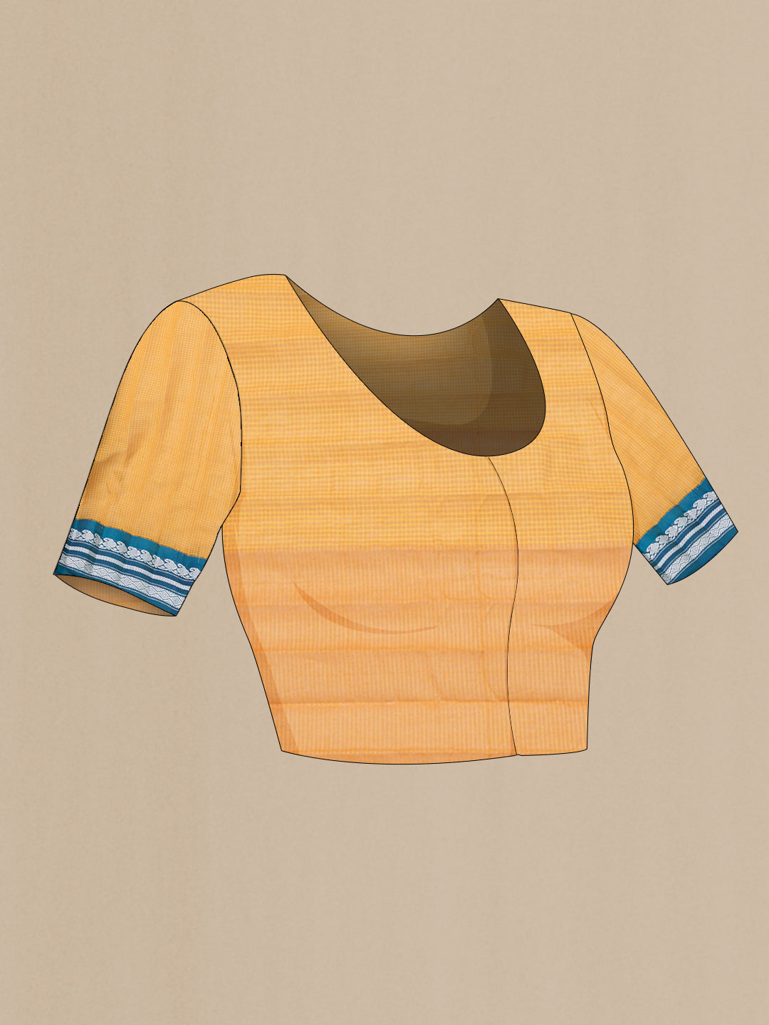Close up image of the blouse of Mustard Dual Tone Kanjivaram Silk Saree with Checked design on the body and Zari Border. 