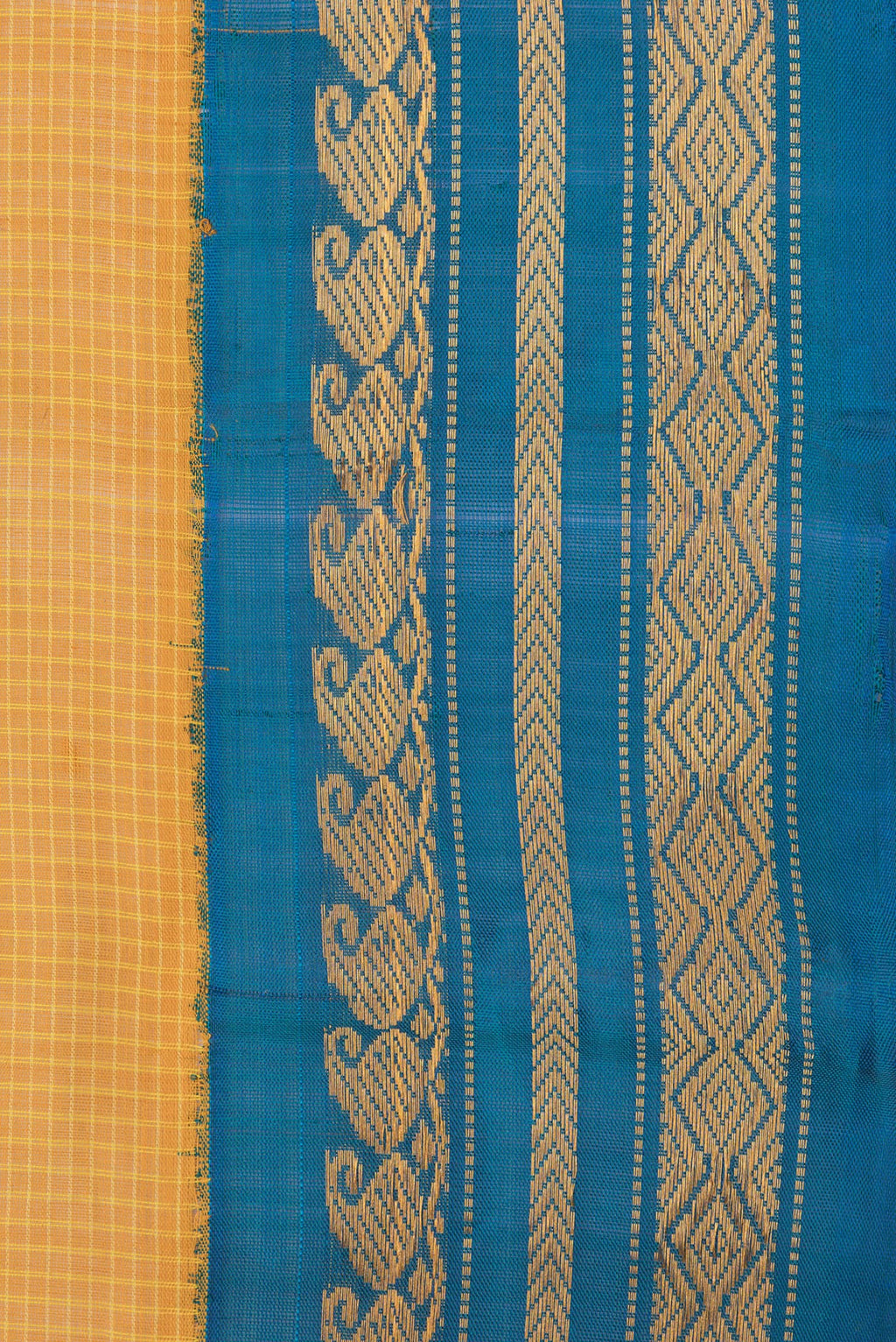 Border image of Mustard Dual Tone Kanjivaram Silk Saree with Checked design on the body and Zari Border. 