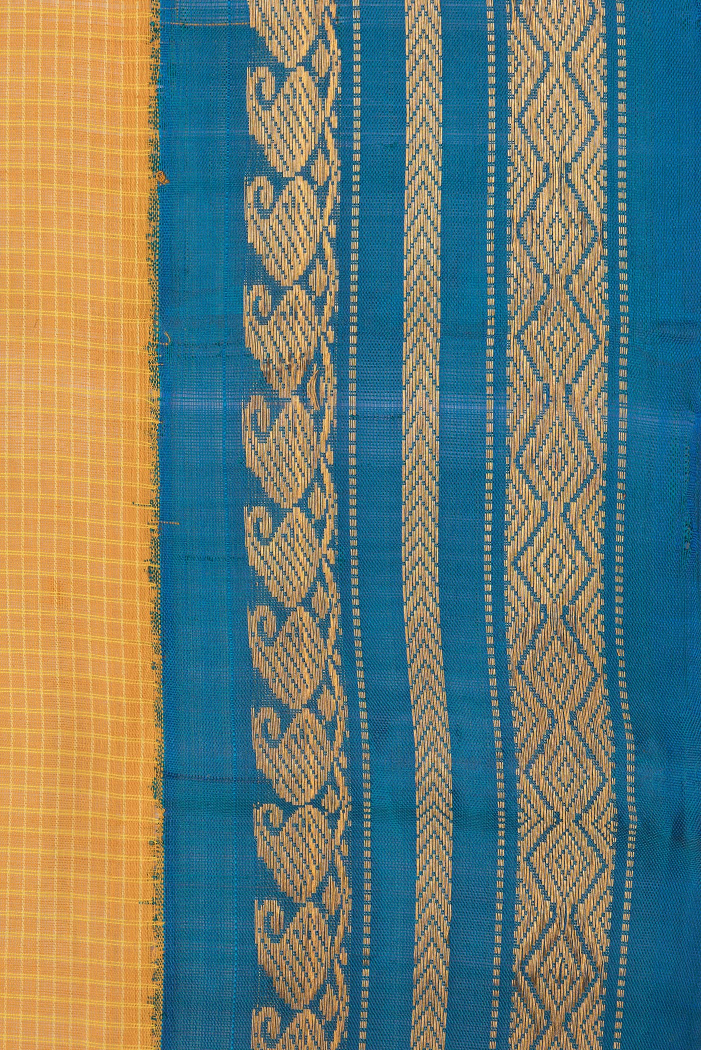 Border image of Mustard Dual Tone Kanjivaram Silk Saree with Checked design on the body and Zari Border. 