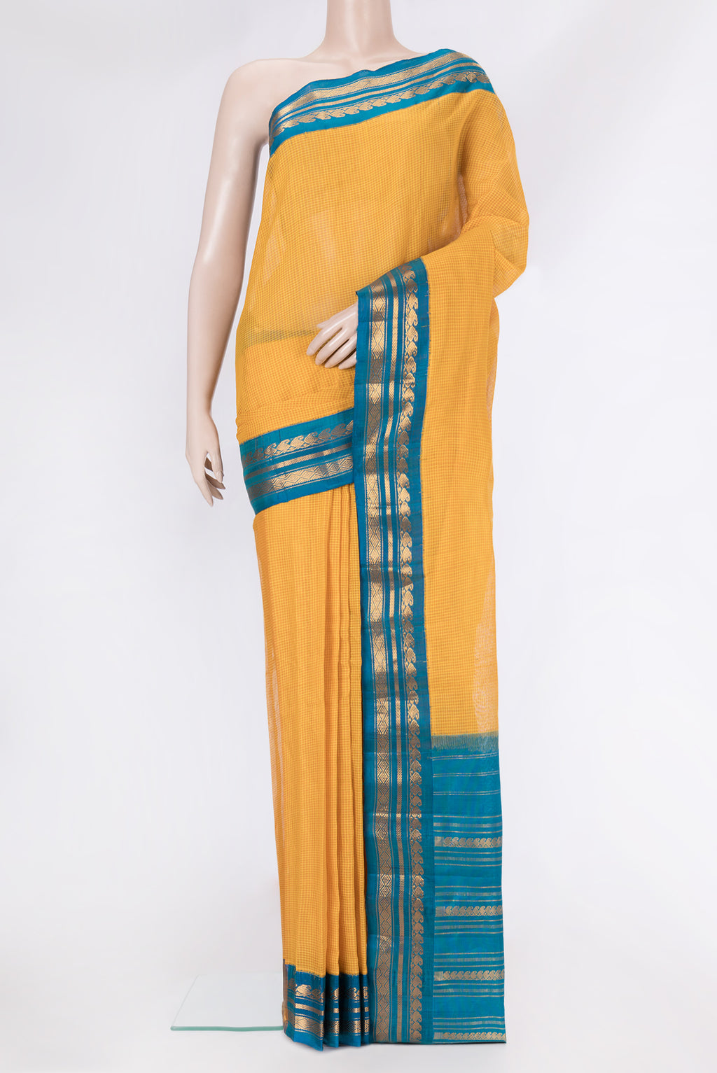 Mustard Dual Tone Kanjivaram Silk Saree with Checked design on the body and Zari Border.  displayed on a mannequin