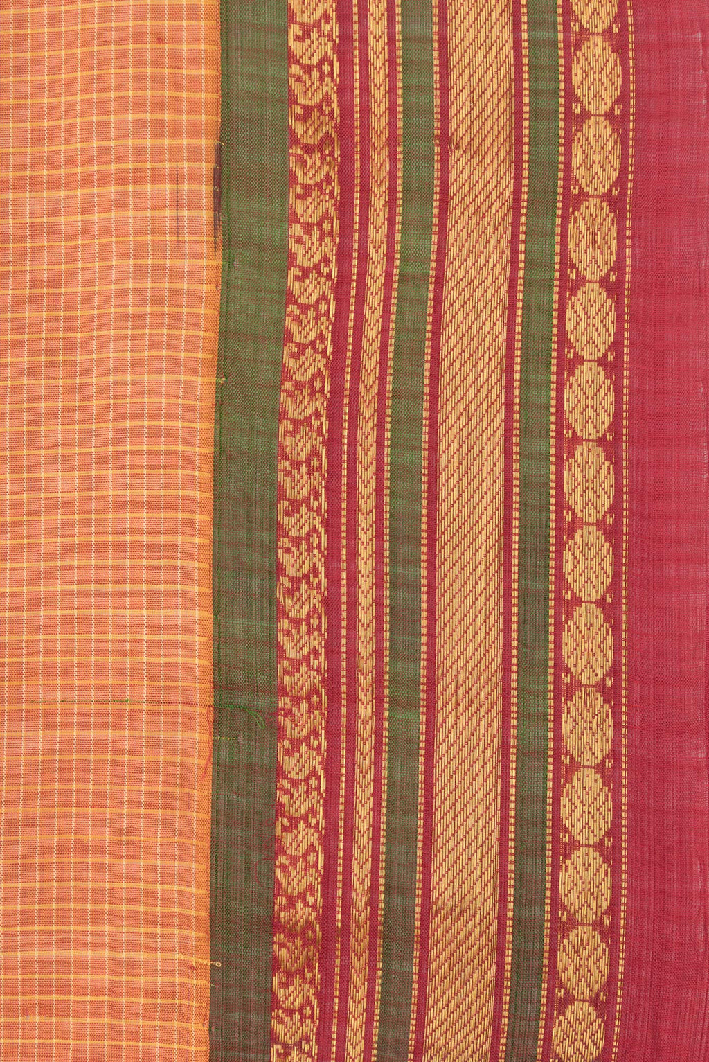 Border image of Orange Dual Tone Gadwal Silk Saree with Checked design on the body and Zari Border. 